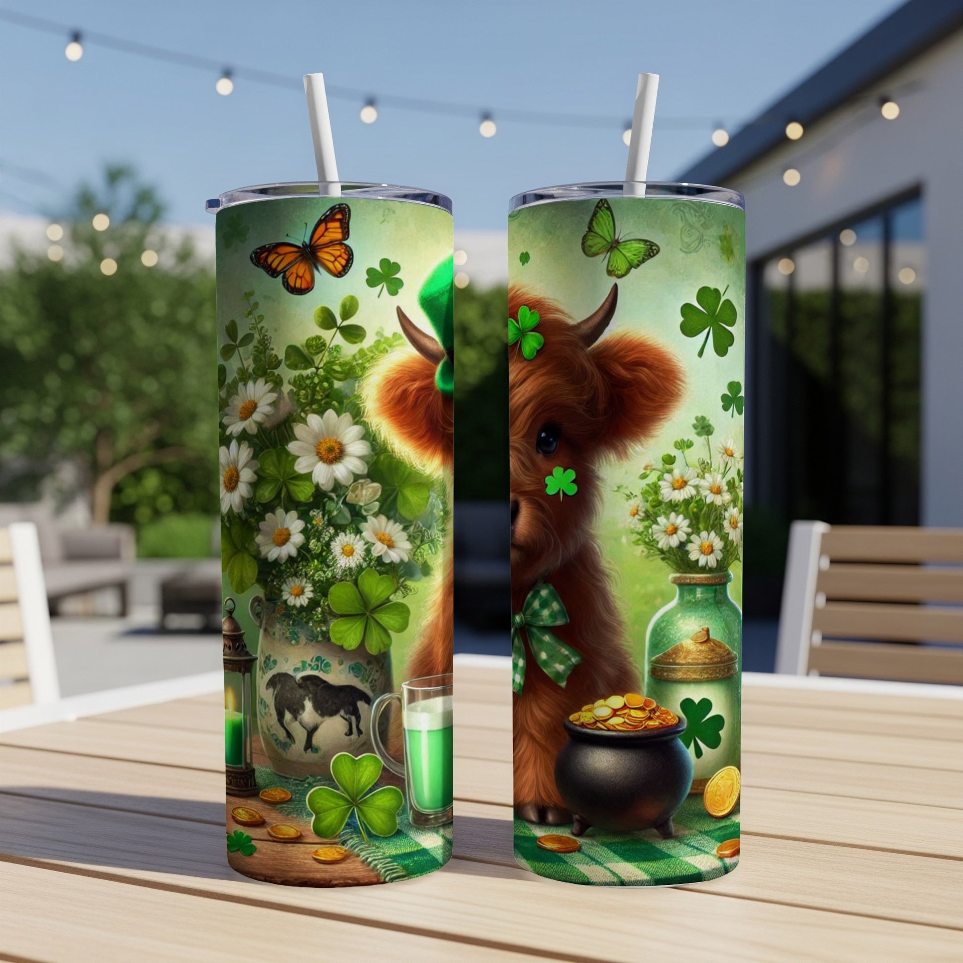 Two St. Patrick's Day tumblers with a cow, shamrocks, and gold coins.