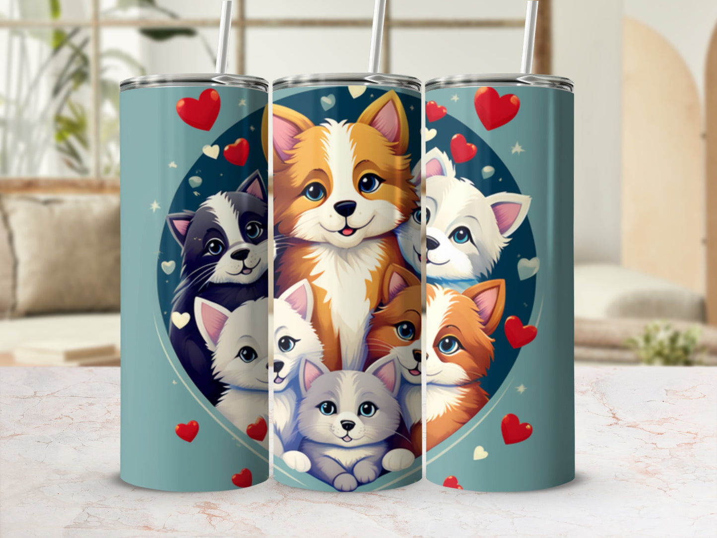 Three tumblers with cute cartoon dogs and hearts on a teal background.