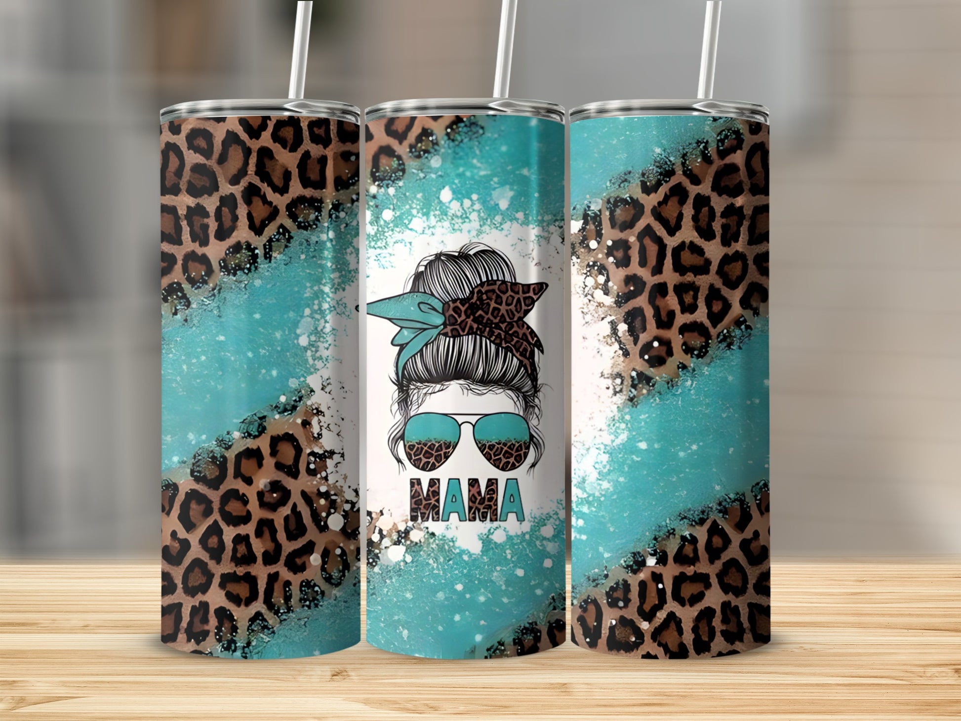 Leopard print tumbler with "Mama" in teal and brown distressed graphic.