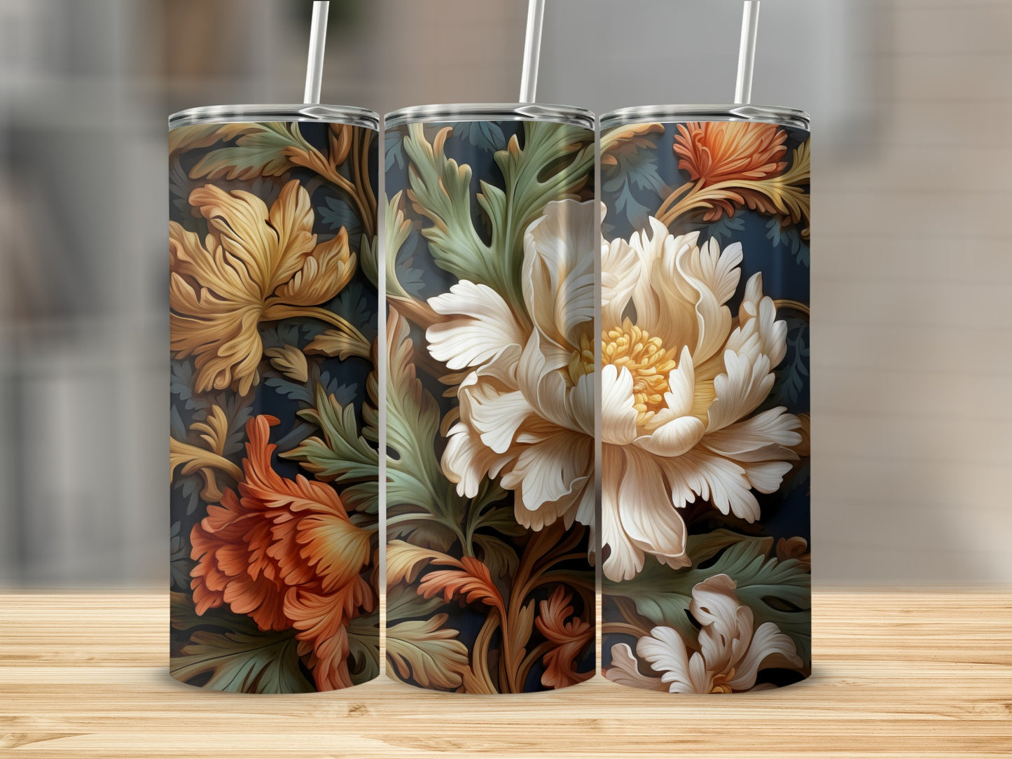 Three tumblers with floral patterns, featuring large, detailed peonies.