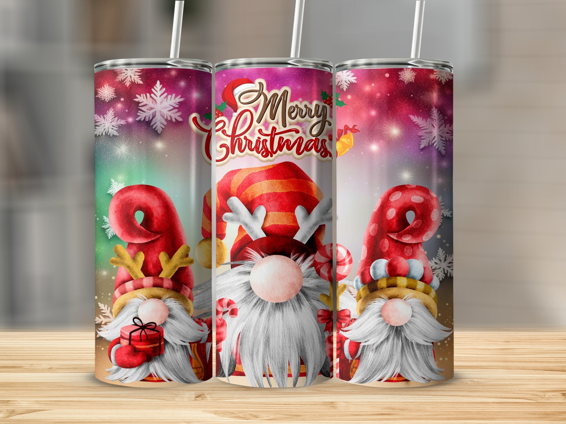 Three Christmas gnomes with gifts and candy canes on colorful backgrounds.