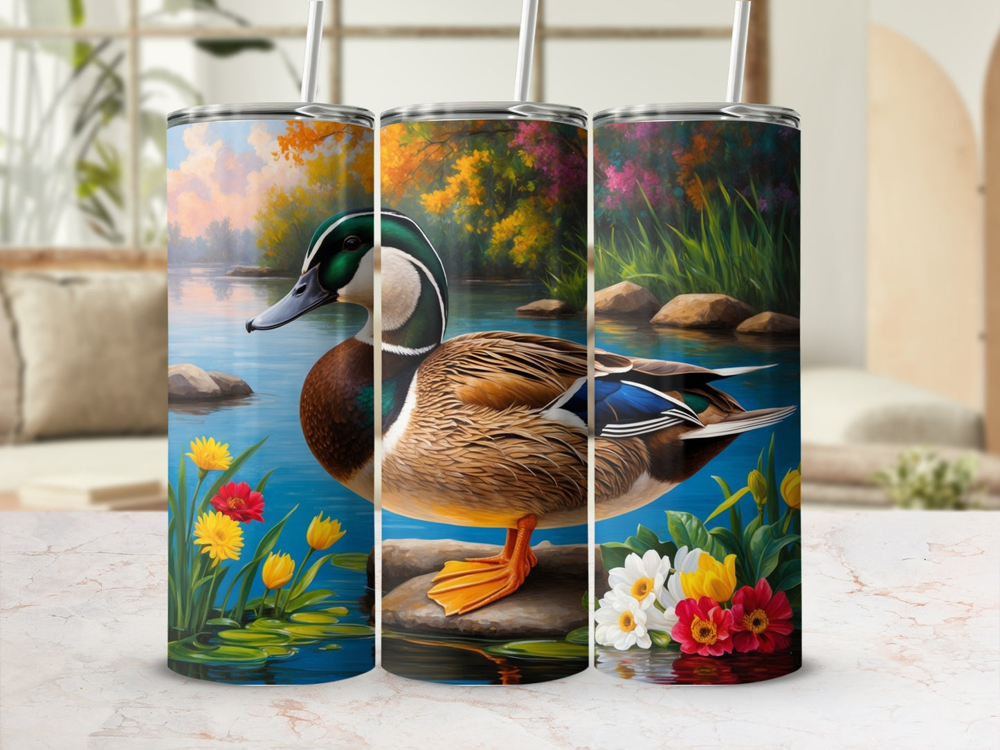 Tumbler with a duck by a lake with flowers and trees.