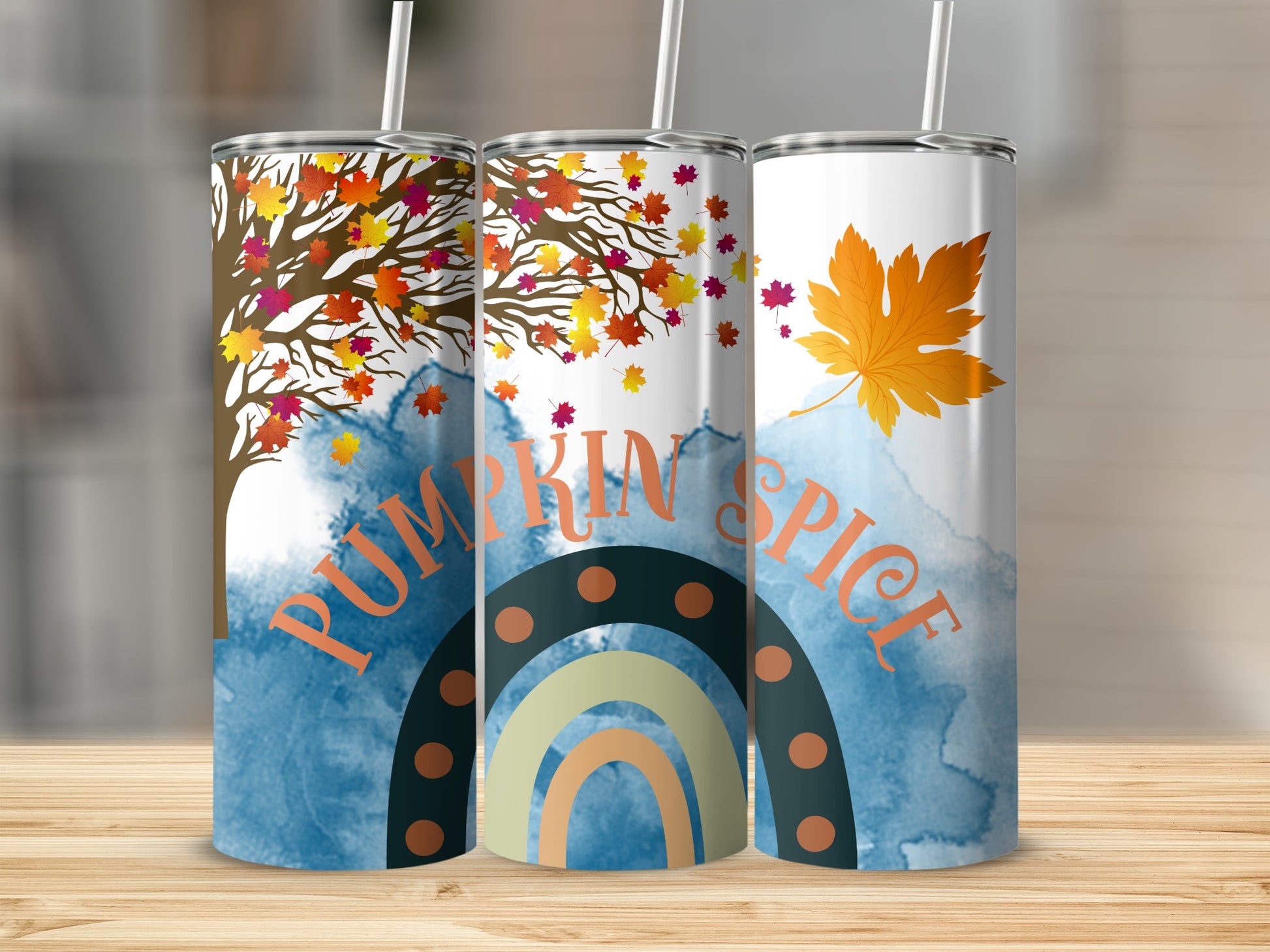 Colorful Pumpkin Spice Tumbler With Autumn Leaves Design