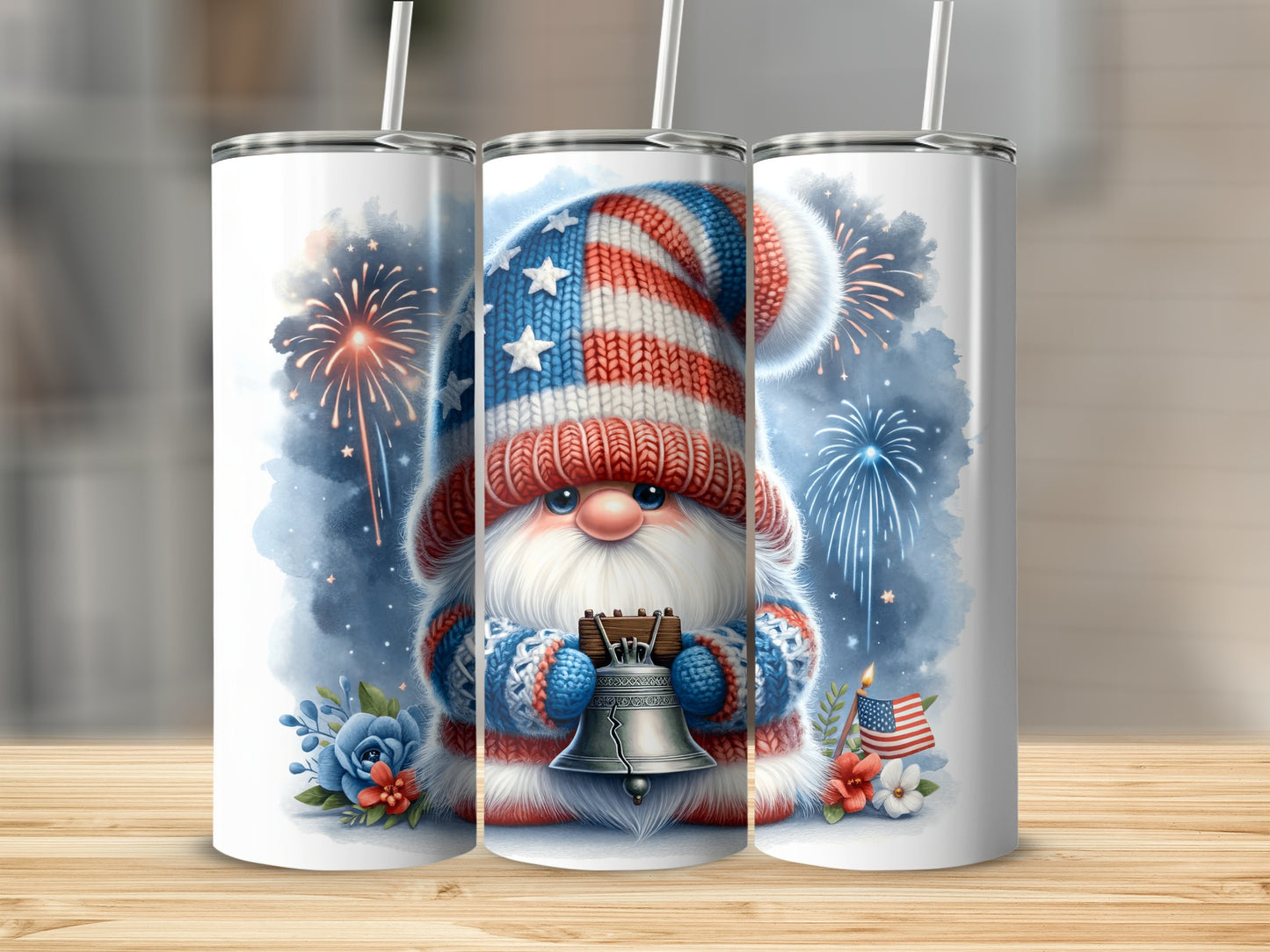 Patriotic gnome in stars and stripes hat holding liberty bell, fireworks.