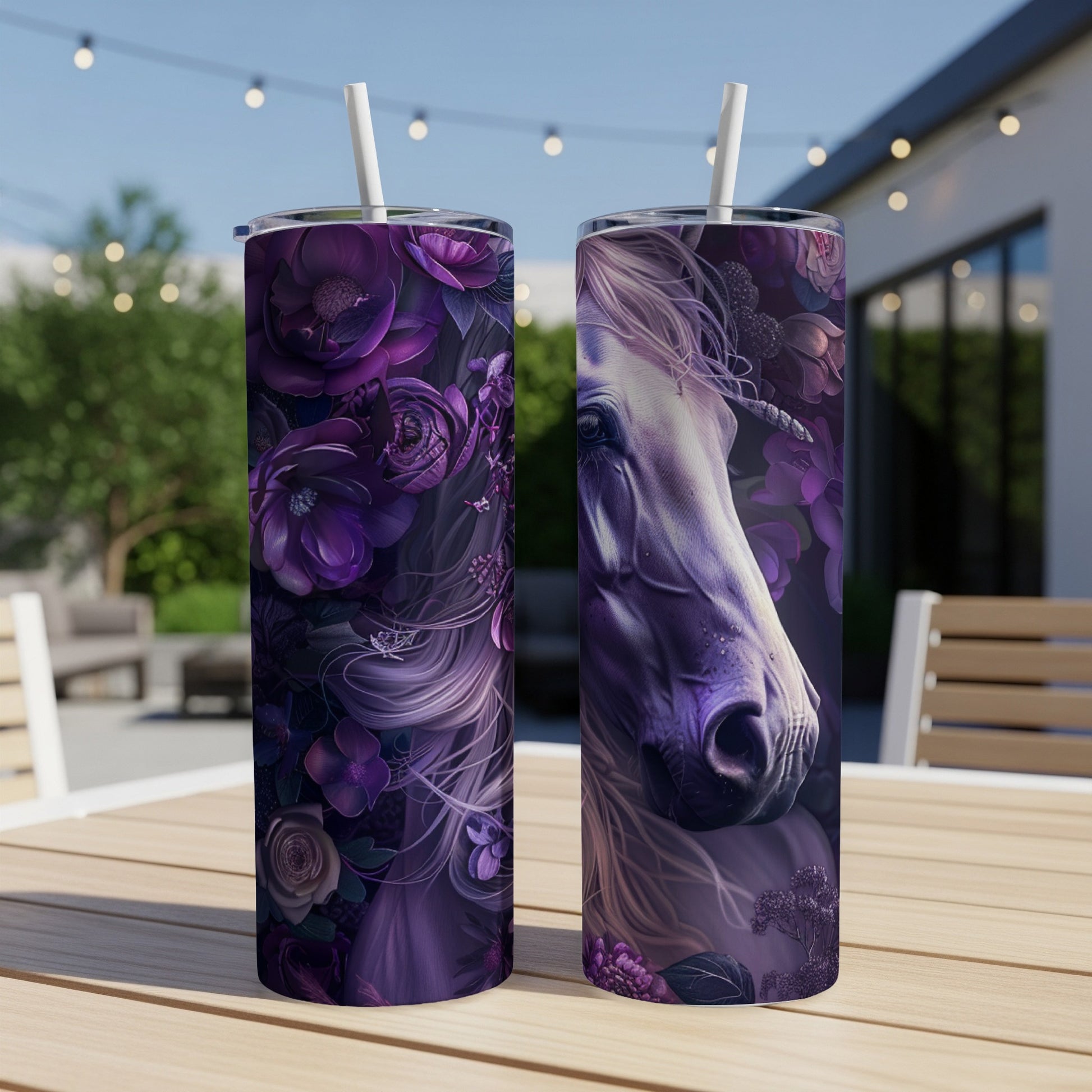 Purple floral tumbler with a horse head graphic.