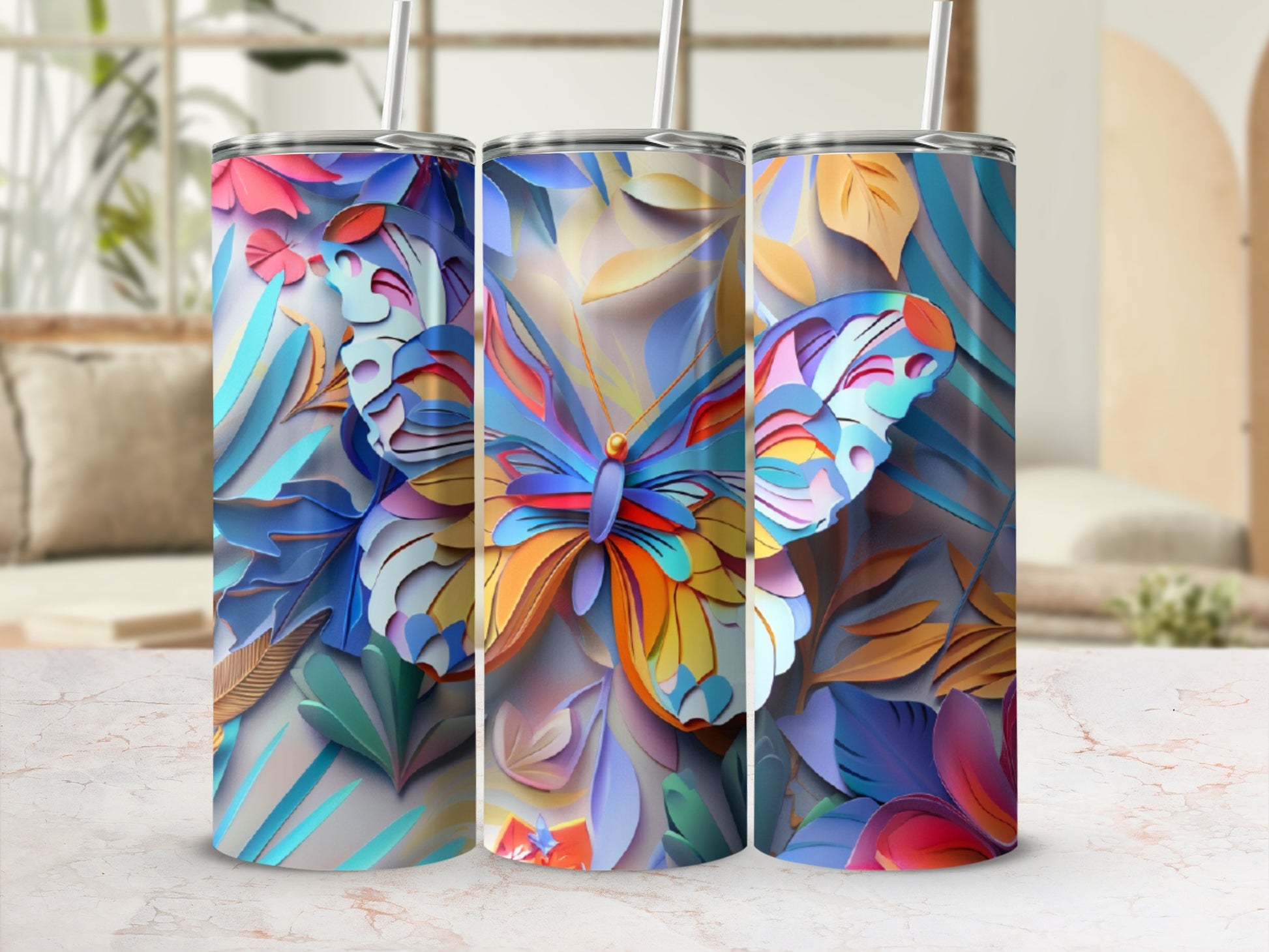 Triptych of tumblers featuring colorful, layered paper-cut style butterflies and foliage.