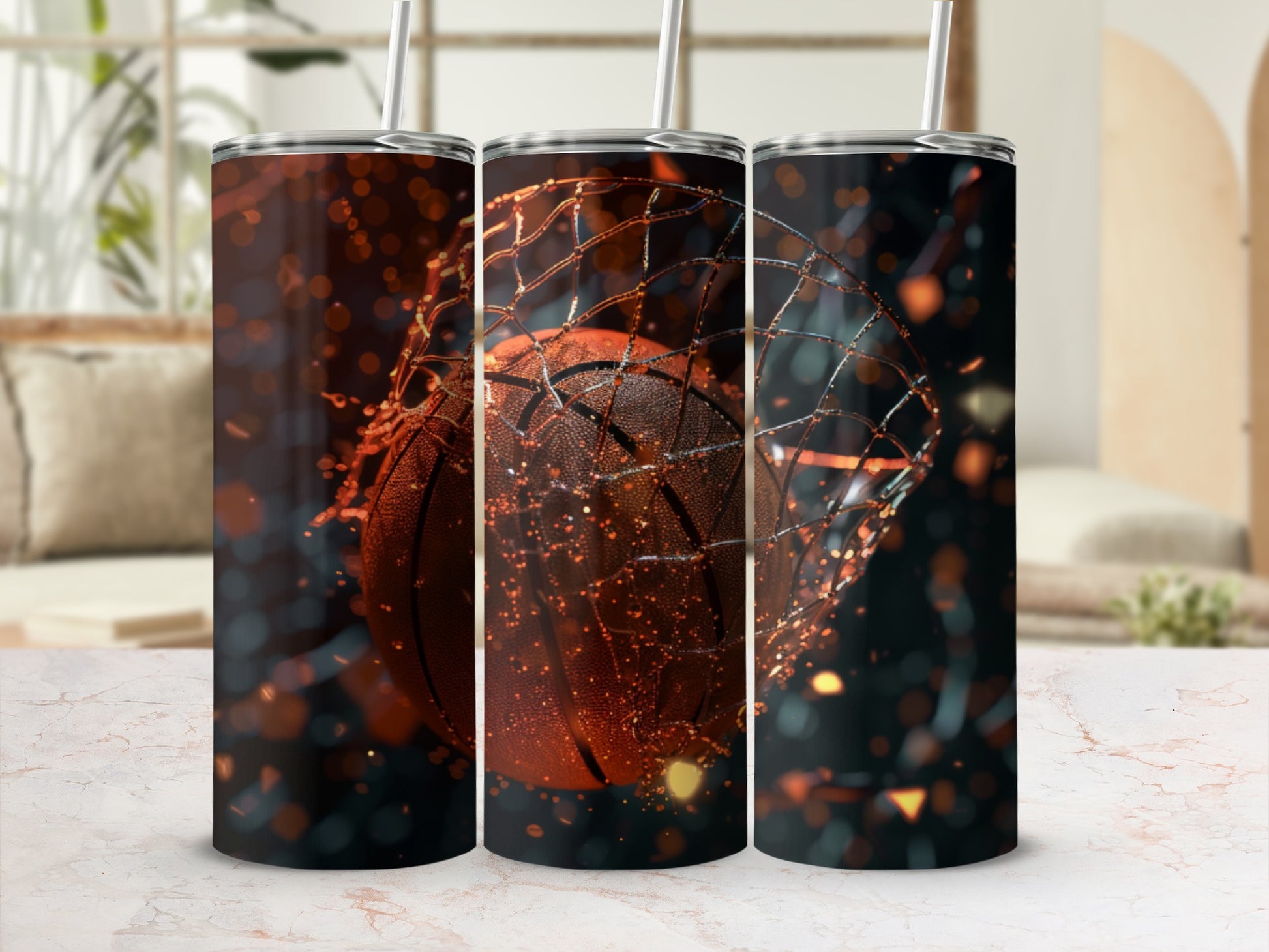 Basketball net with ball and abstract bokeh background.