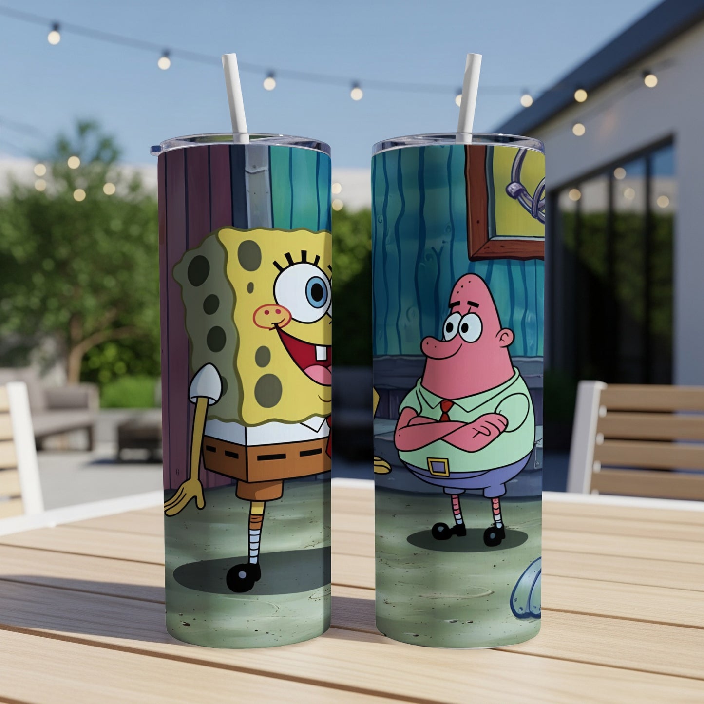 SpongeBob SquarePants and Patrick Star on two tumblers on a table.