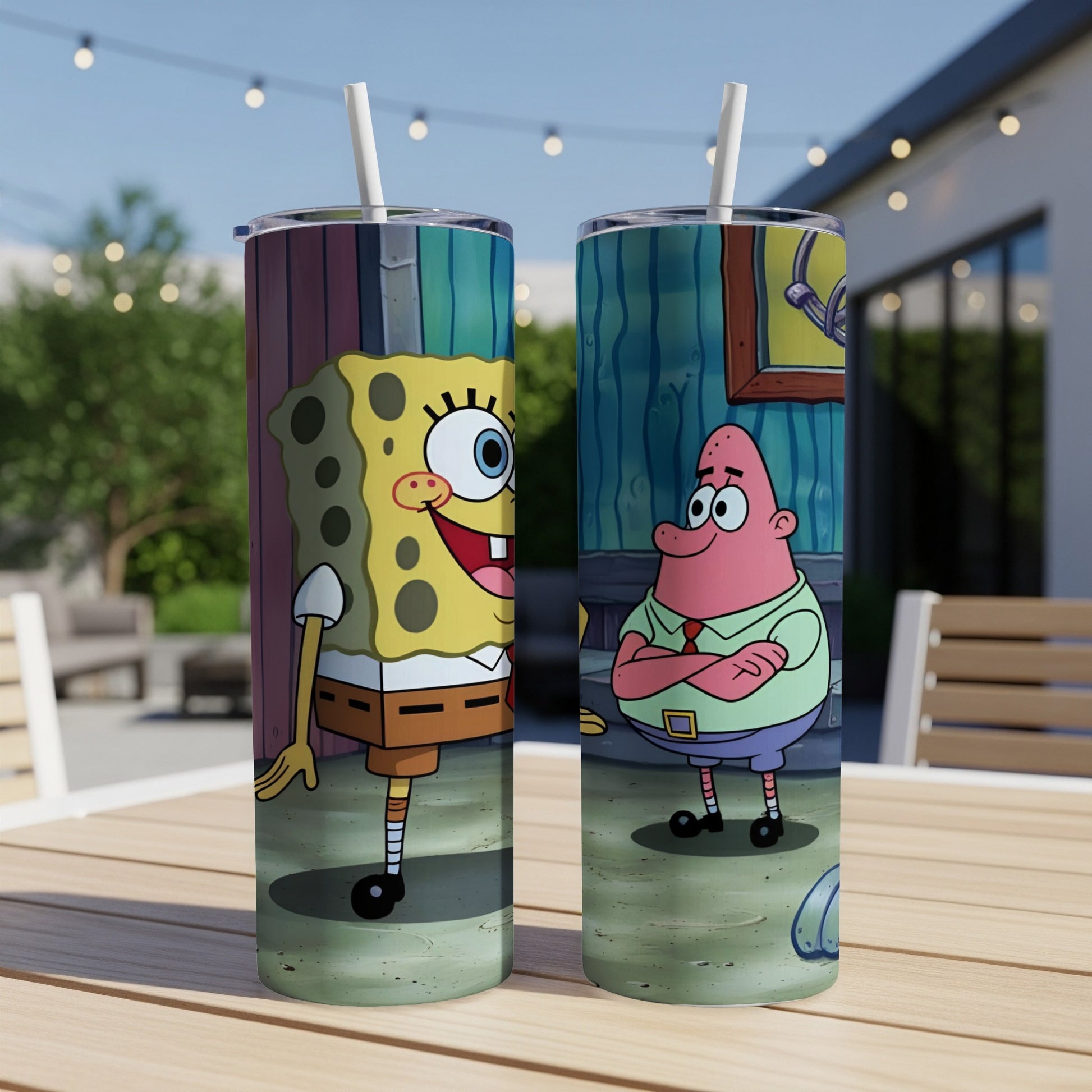 SpongeBob SquarePants and Patrick Star on two tumblers on a table.