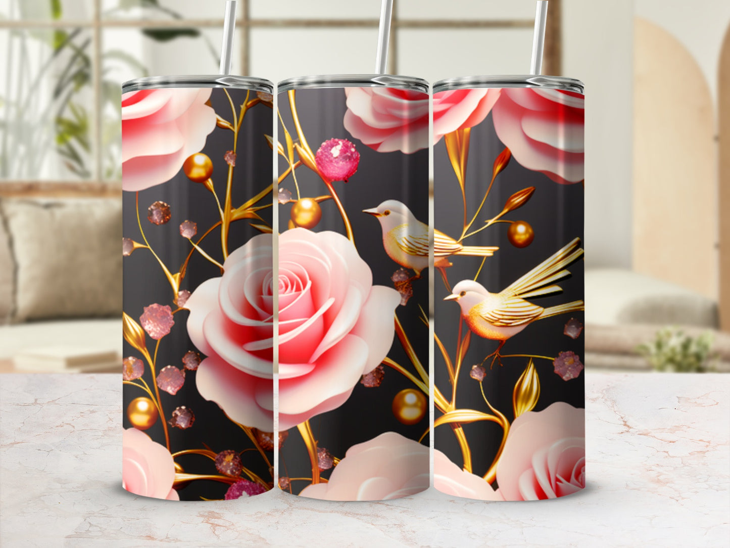 Pink roses and gold accents on a tumbler with birds.