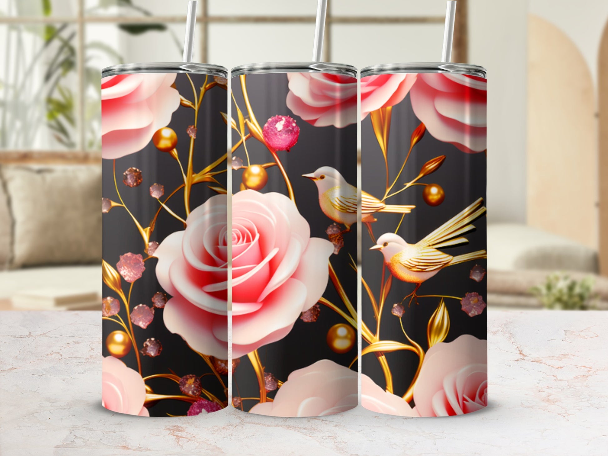 Pink roses and gold accents on a tumbler with birds.