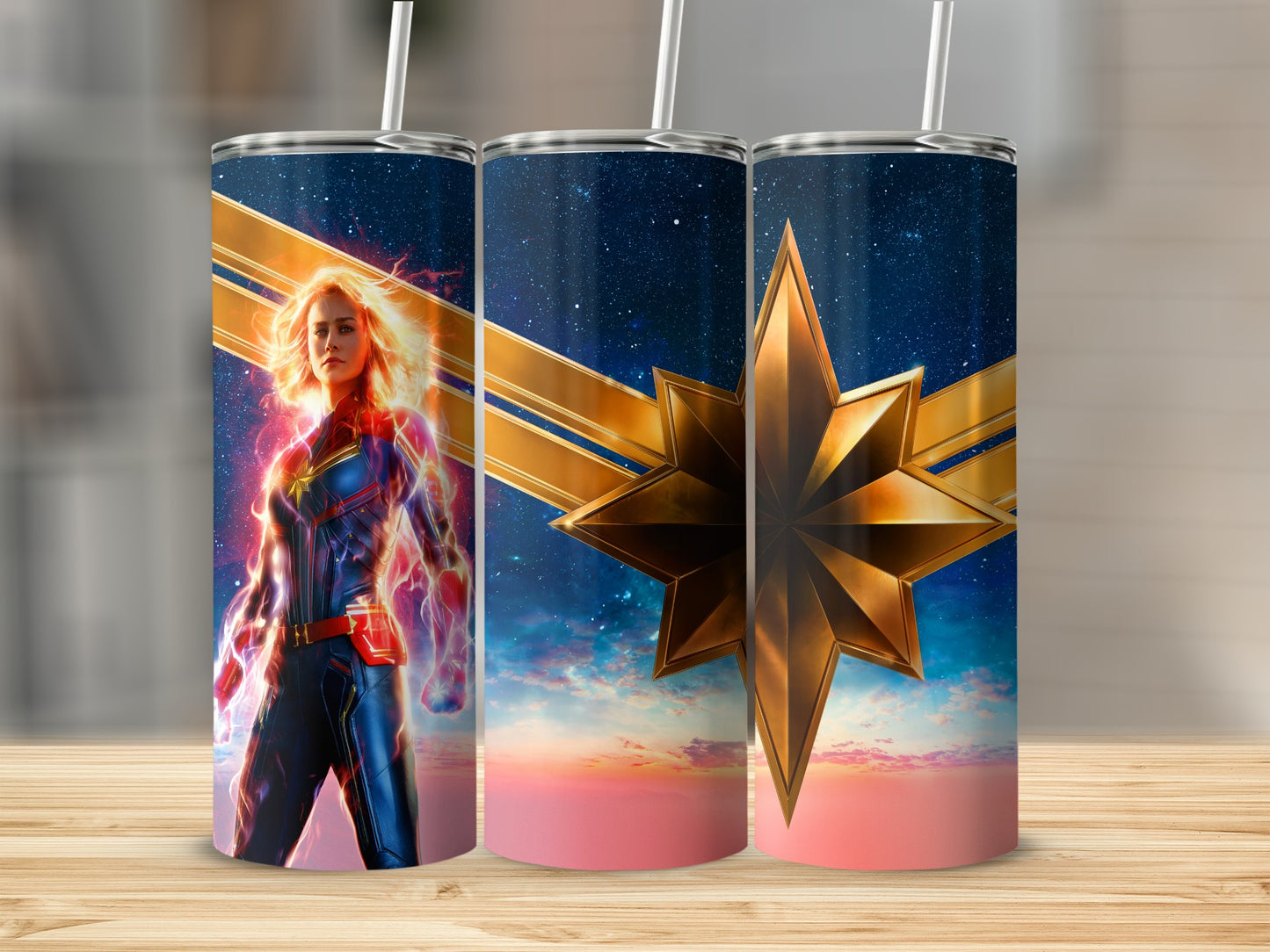 Captain Marvel Heroine Golden Star Galaxy Sunset Tumbler