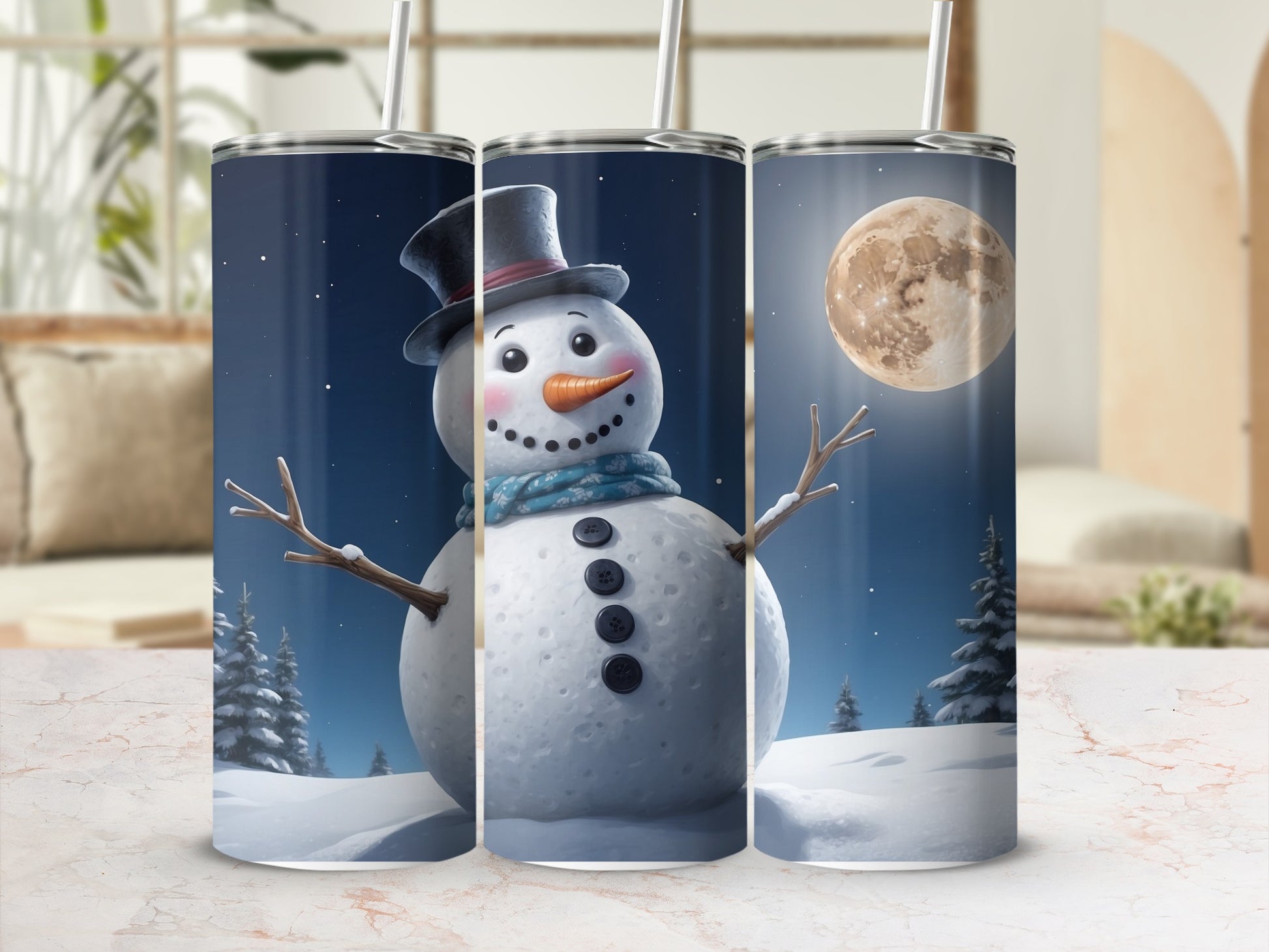 Three snowmen with hats and scarves stand under a full moon in a snowy landscape.