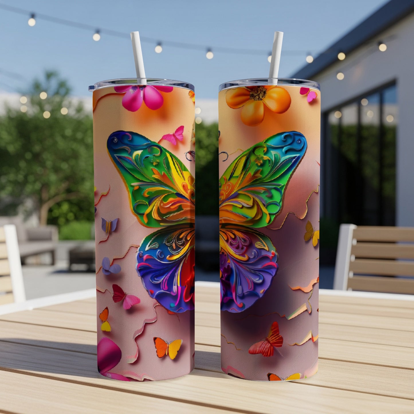 Two colorful butterfly tumblers with straws on a table outdoors.