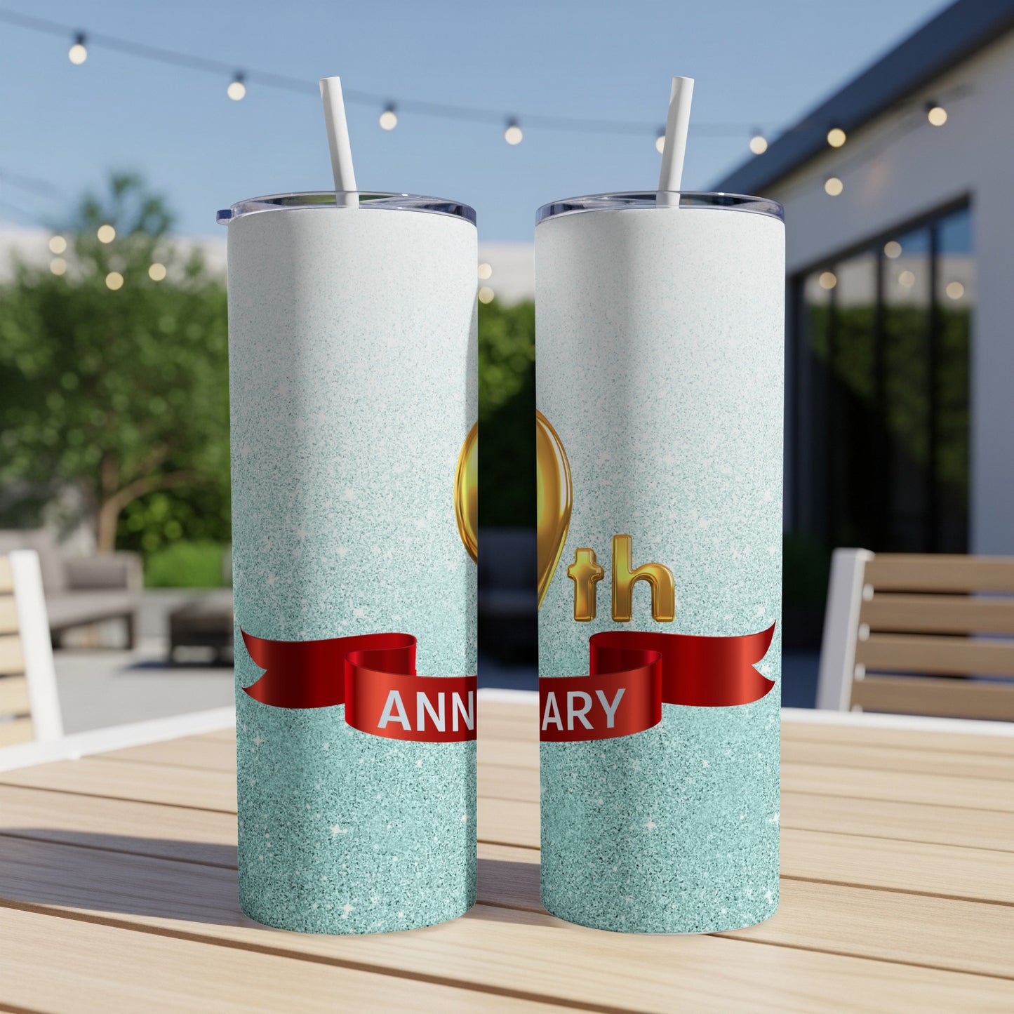 Two tall, skinny tumblers with "9th Anniversary" and glitter.