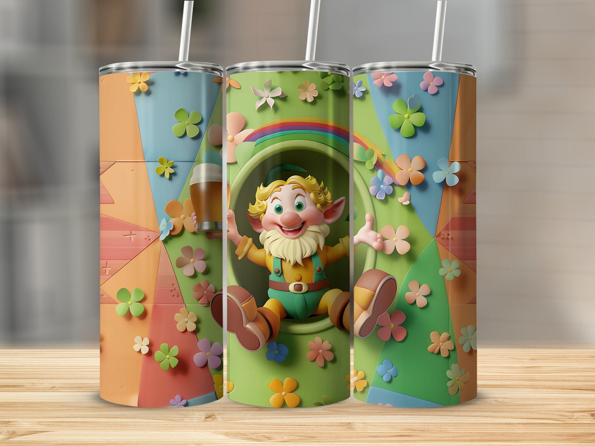Leprechaun sitting in a rainbow slide with flowers and a beer.