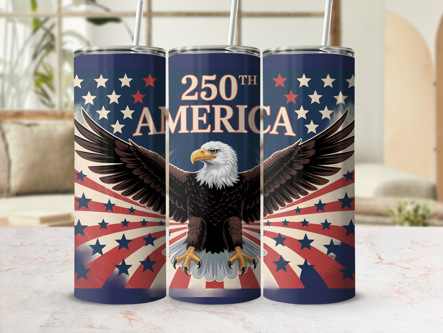 Patriotic tumbler with eagle and "250th America" text.