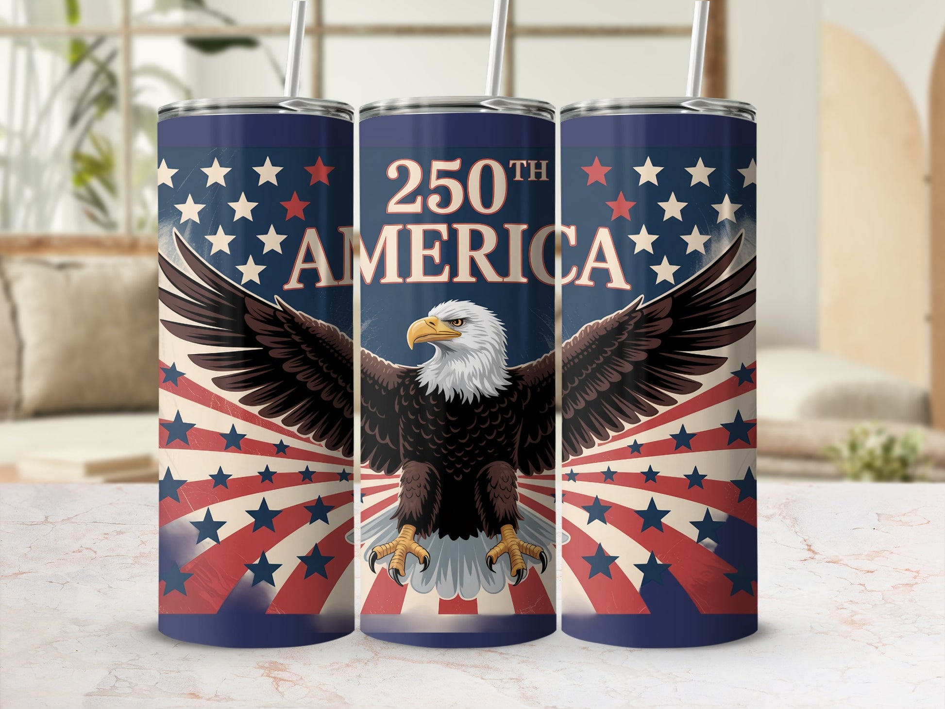 Patriotic tumbler with eagle and "250th America" text.