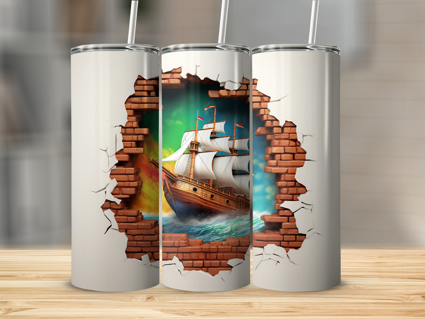 Sailing Ship Through Brick Wall Design Tumbler