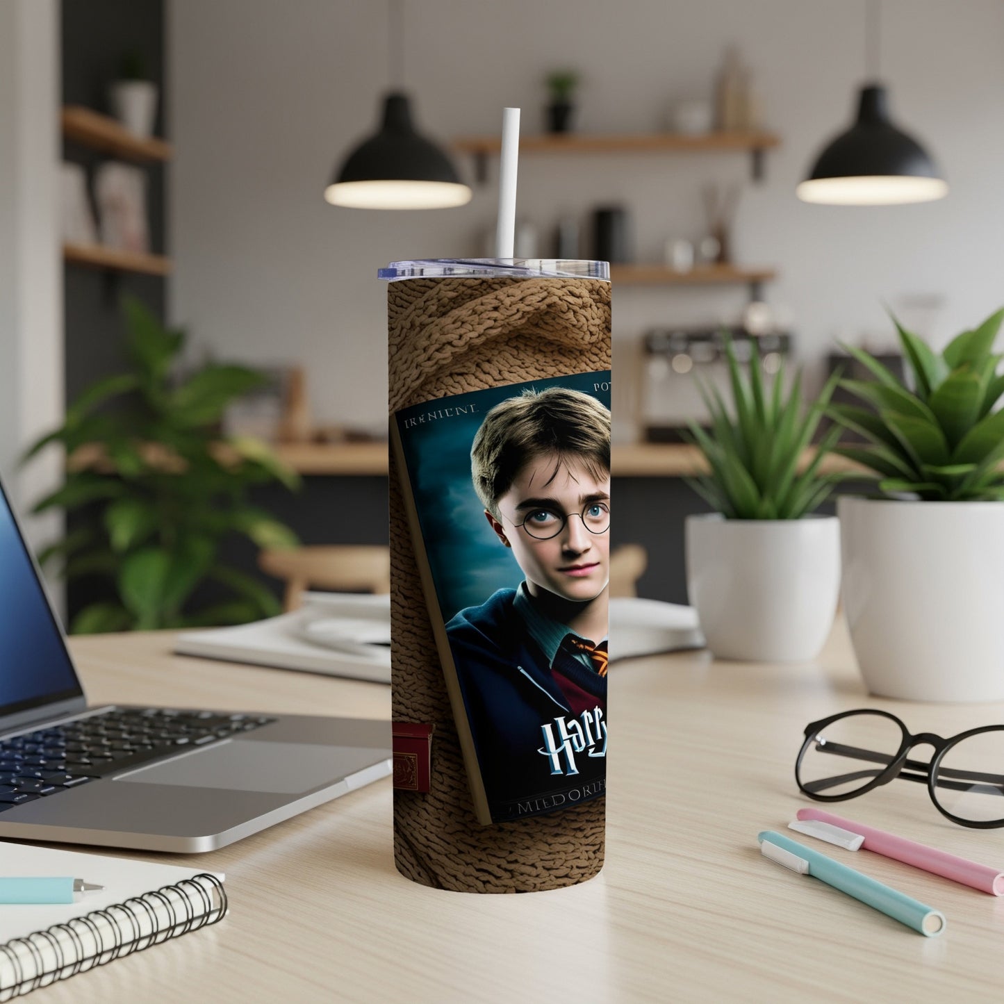 Harry Potter tumbler with straw, featuring Harry's portrait and text.