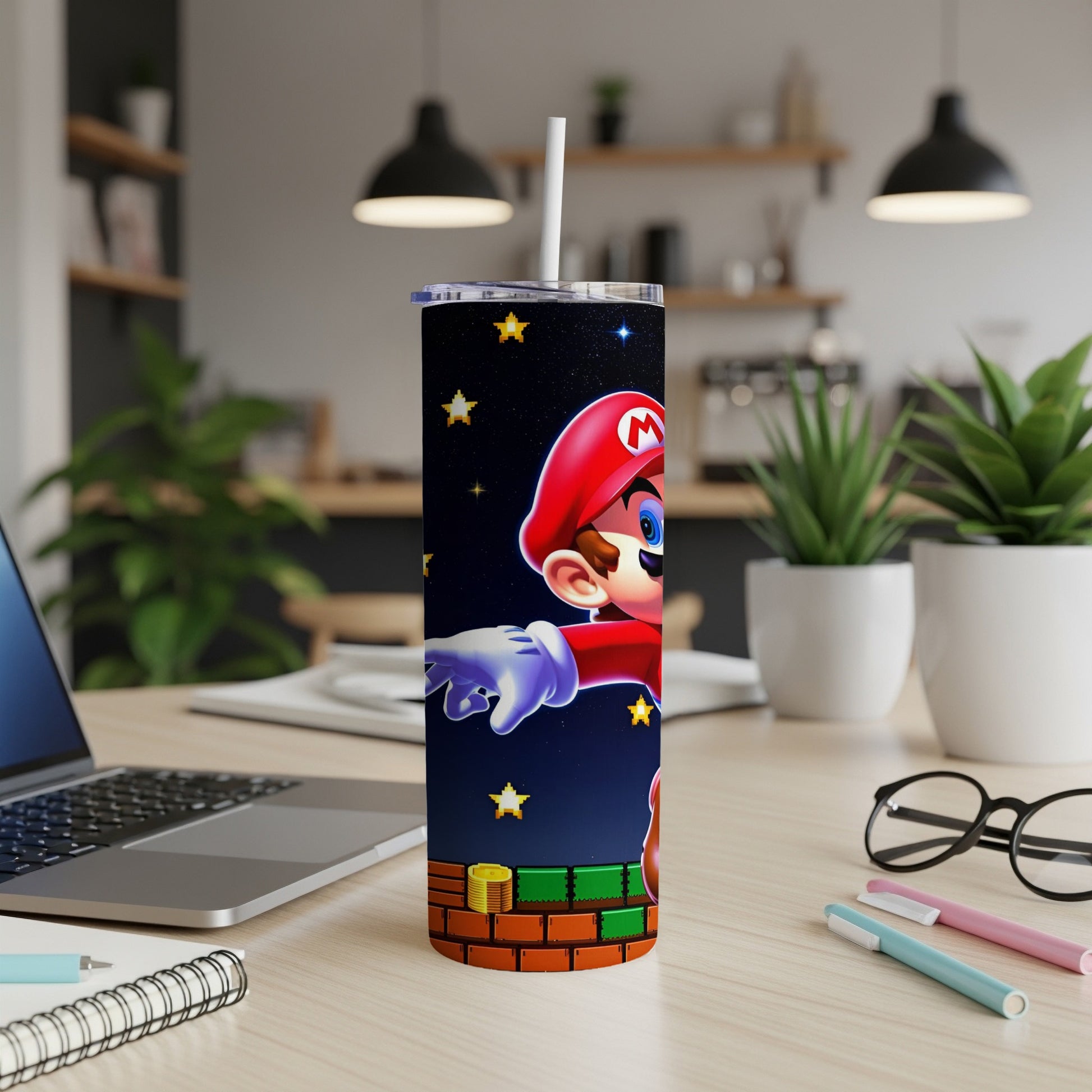 Mario character on a tumbler with stars and brick blocks.
