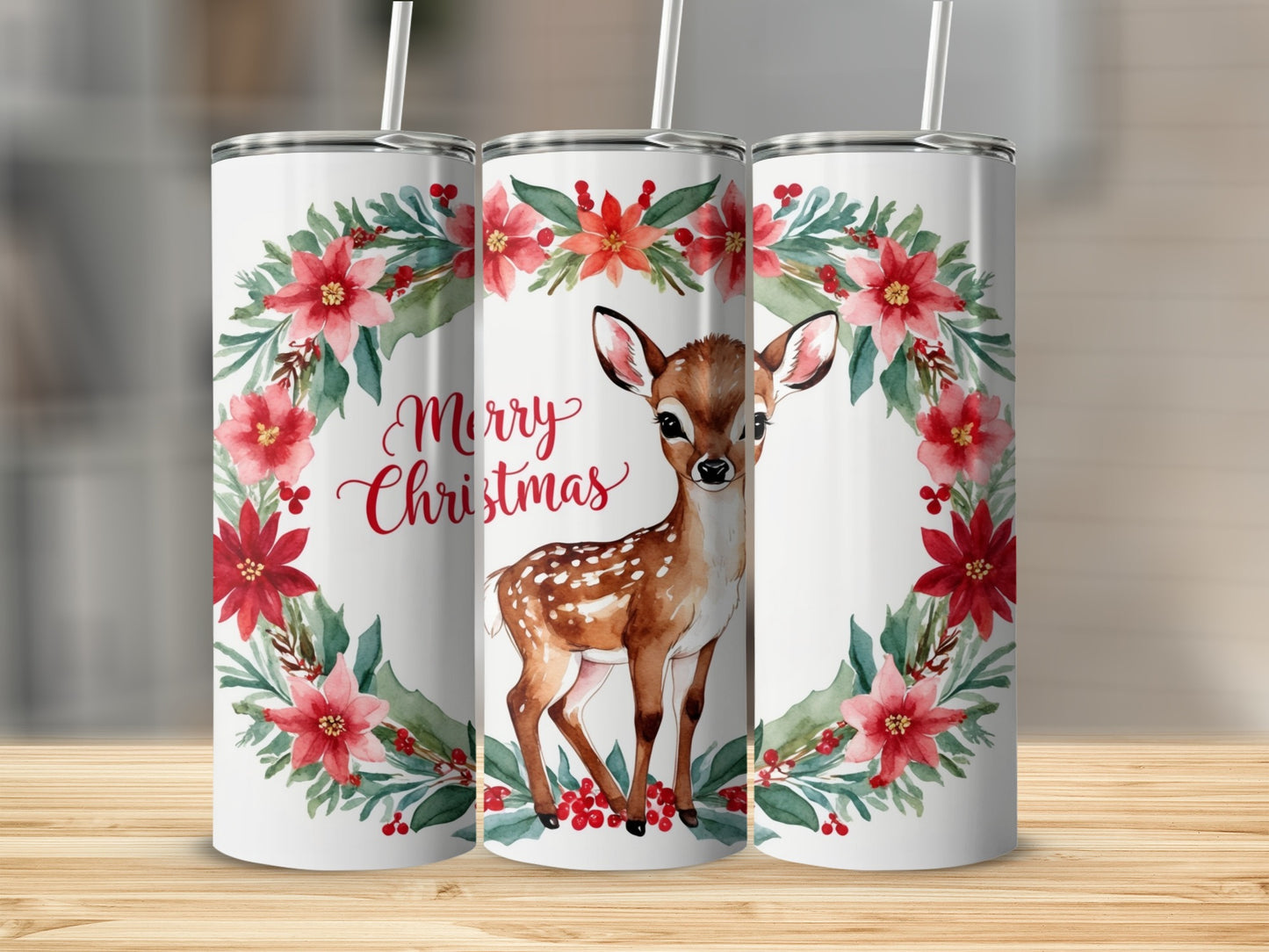 White tumbler with watercolor deer and Merry Christmas floral wreath design.