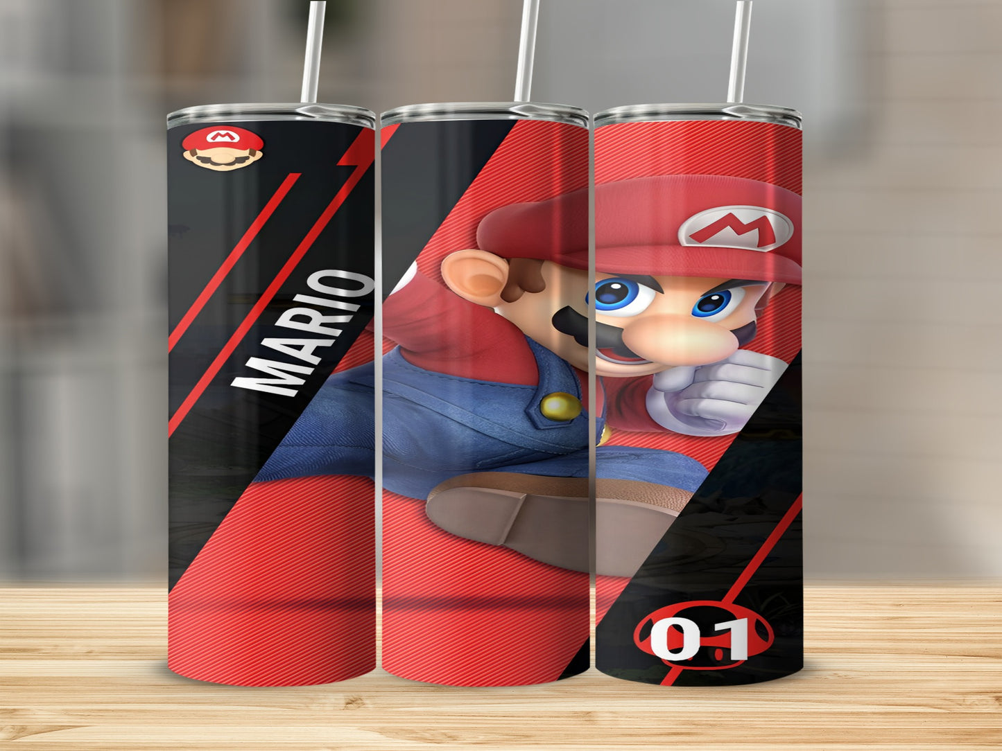 Super Mario character on a red tumbler with white stripes and "Mario" text.