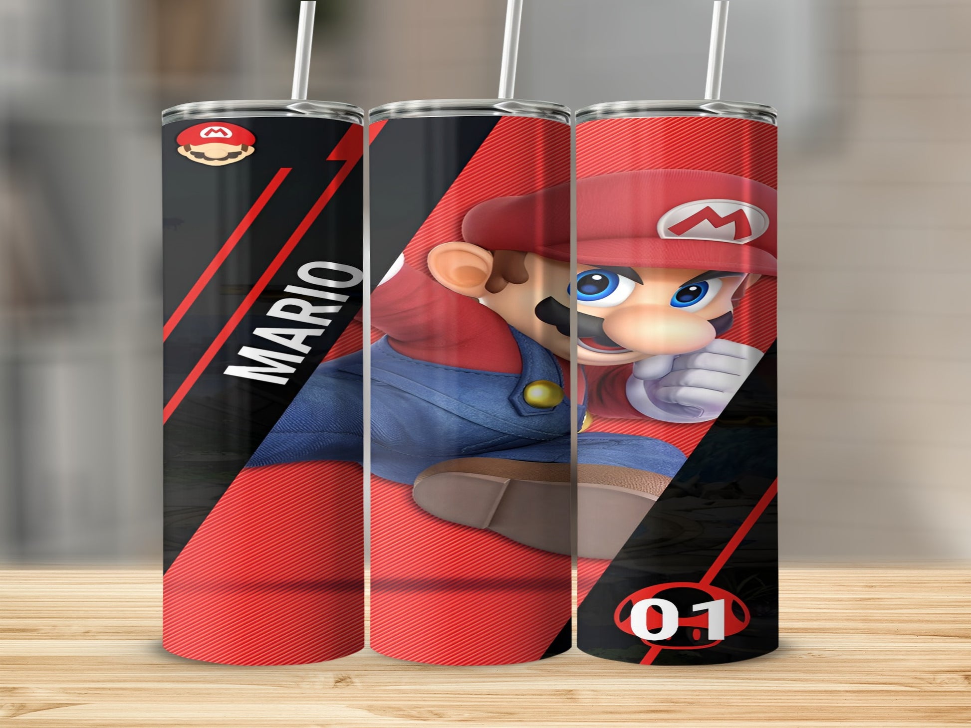 Super Mario character on a red tumbler with white stripes and "Mario" text.