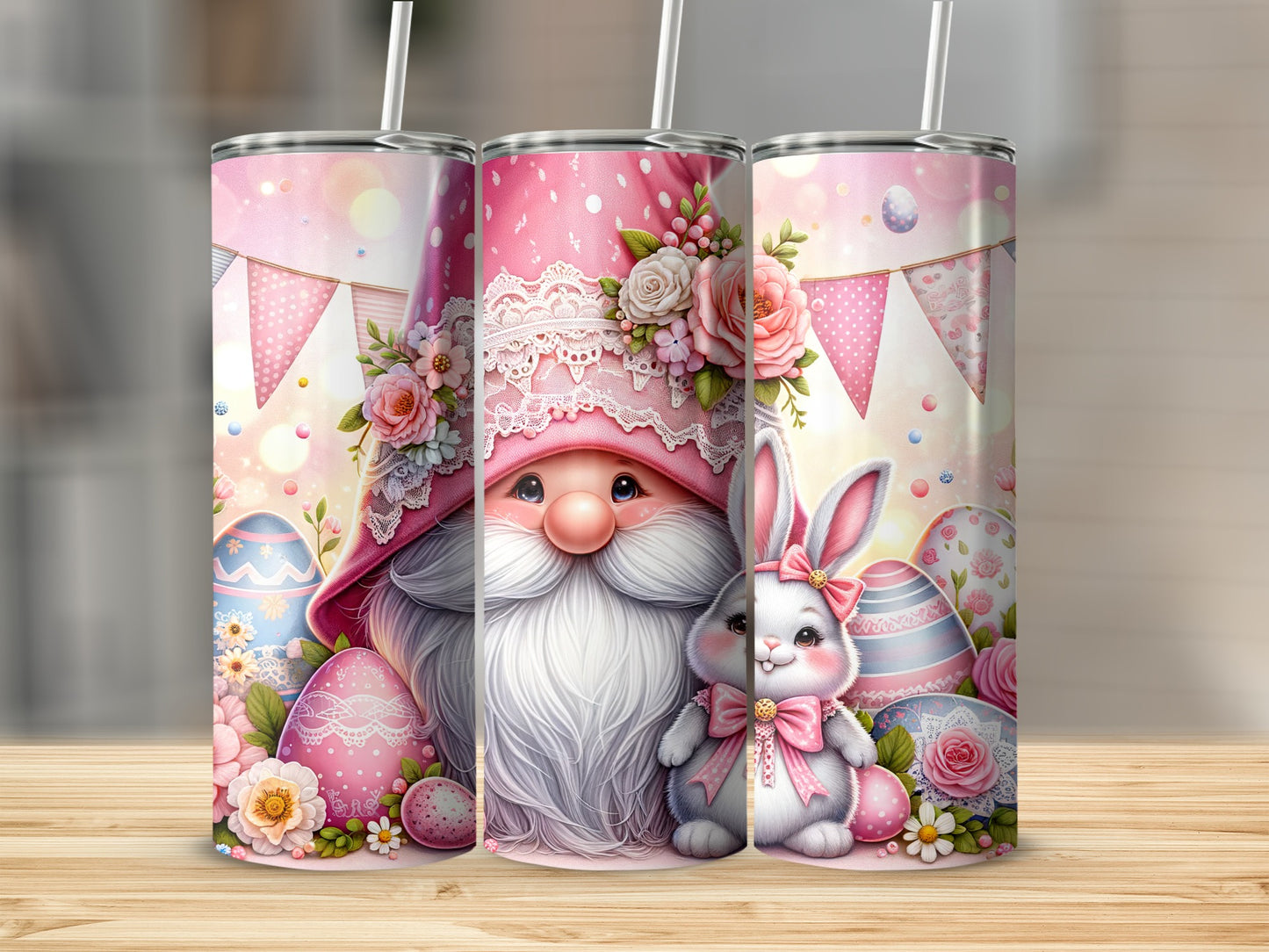 Pink gnome with bunny, Easter eggs, and floral decorations on a tumbler.