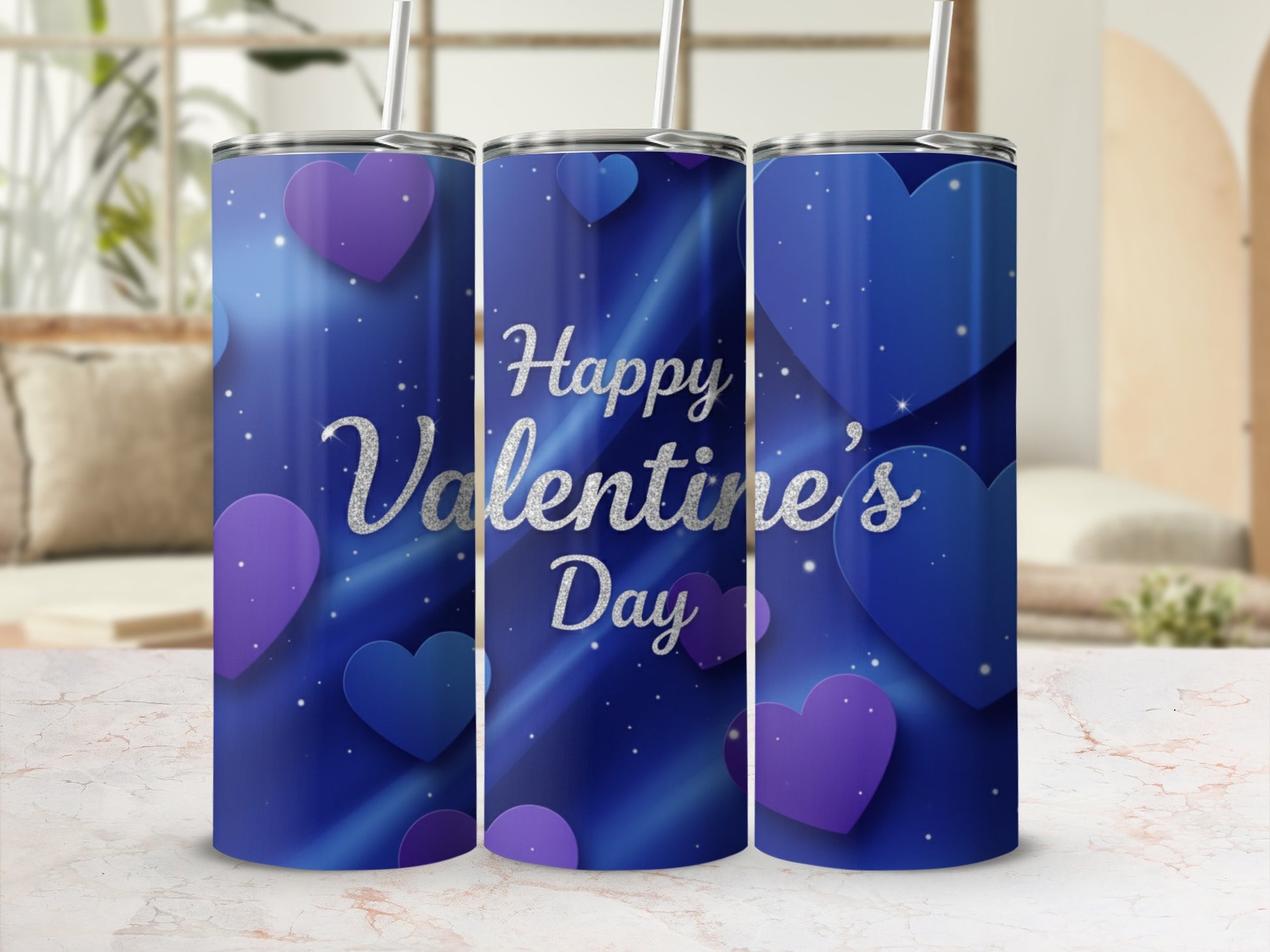 Happy Valentine's Day Blue Hearts Tumbler Cup