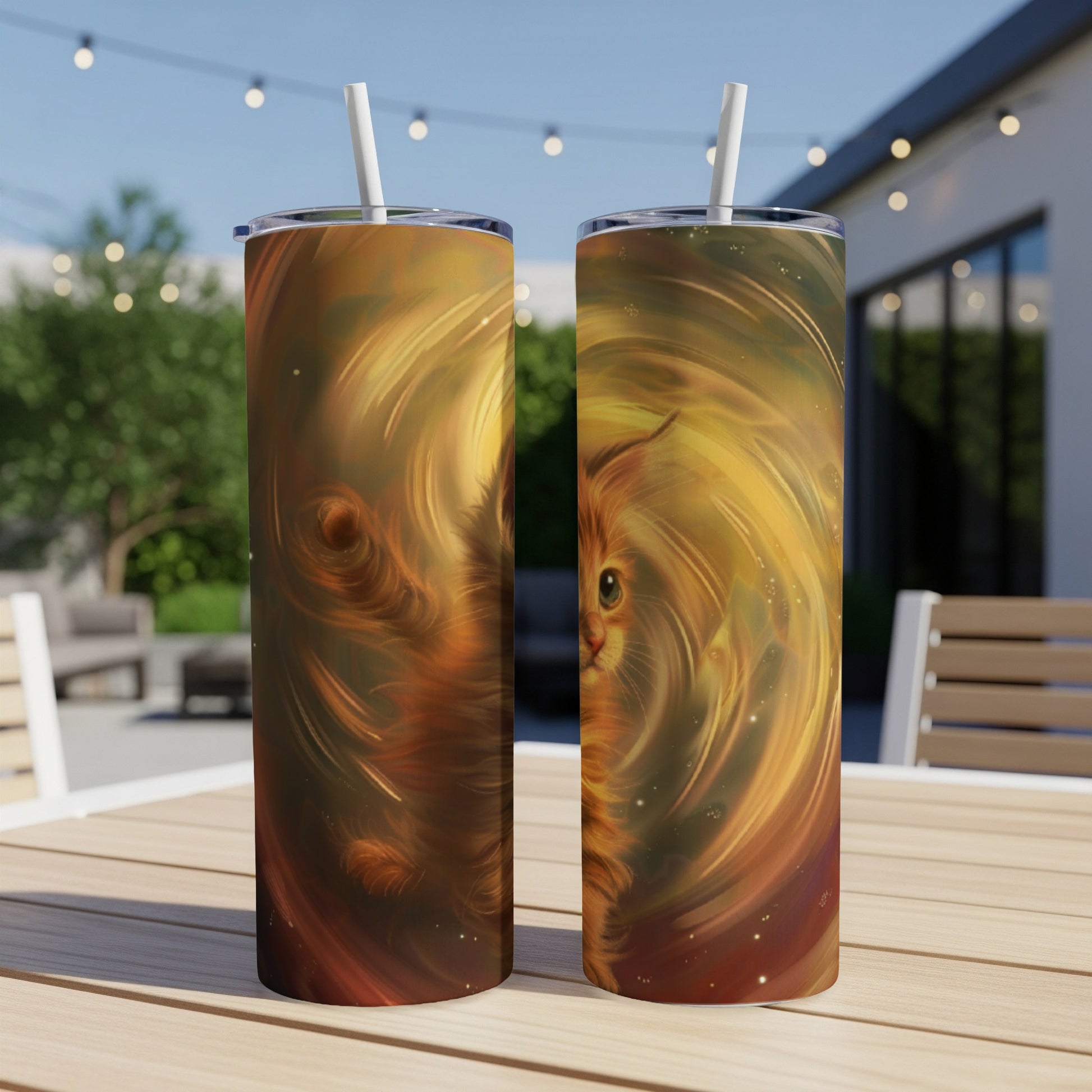 Two tumblers featuring a close-up of a fluffy orange cat's face in a swirling nebula.