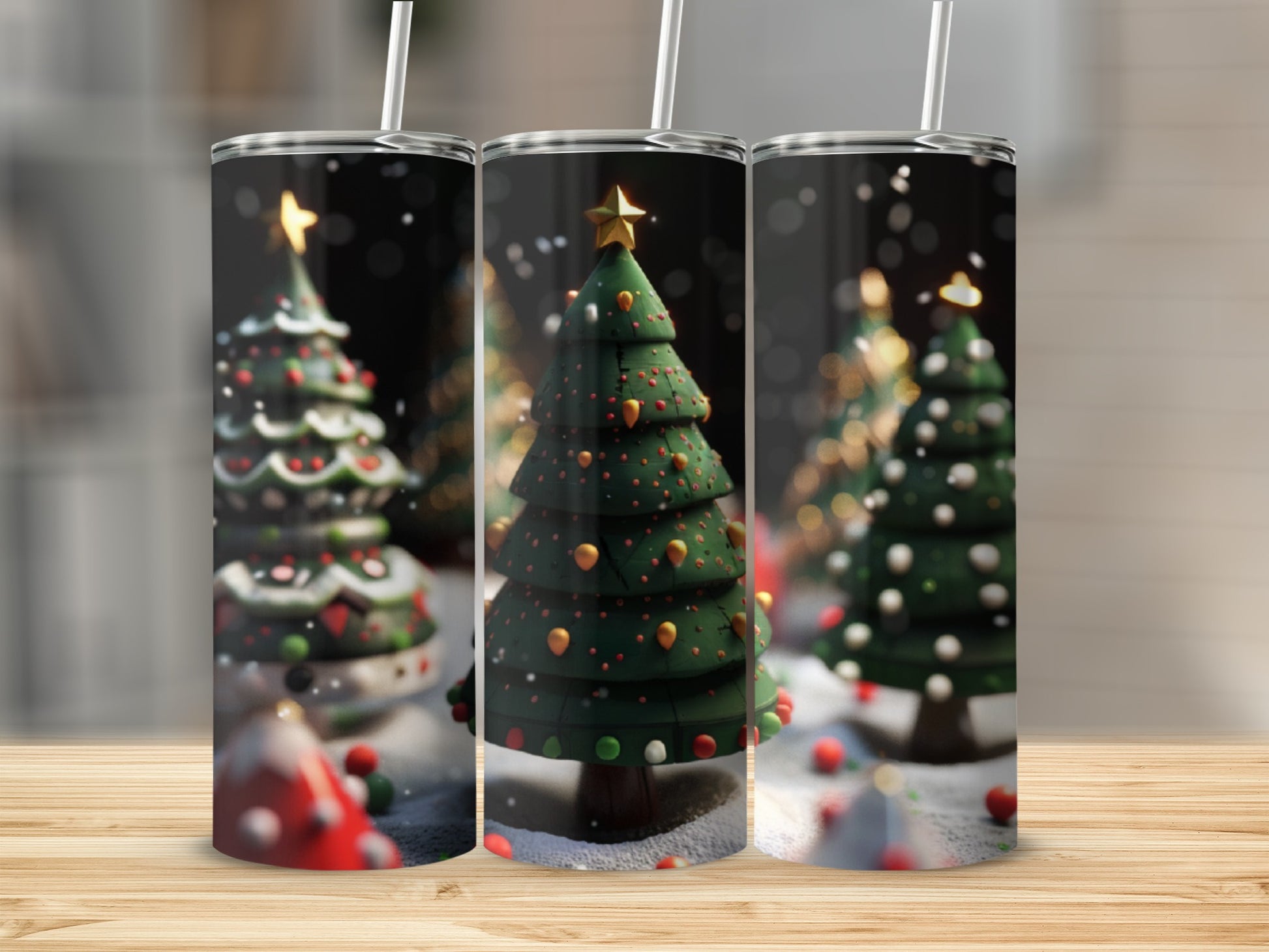 Three festive Christmas trees with ornaments and lights on a snowy surface.