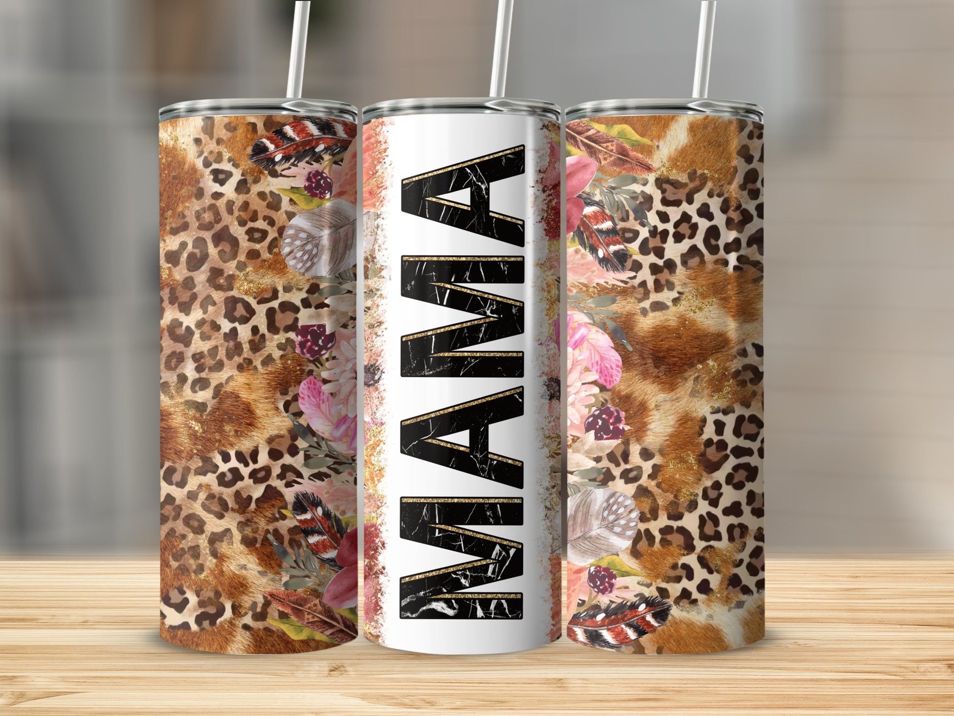 Tumbler with "Mama" in large letters surrounded by leopard print and floral patterns.