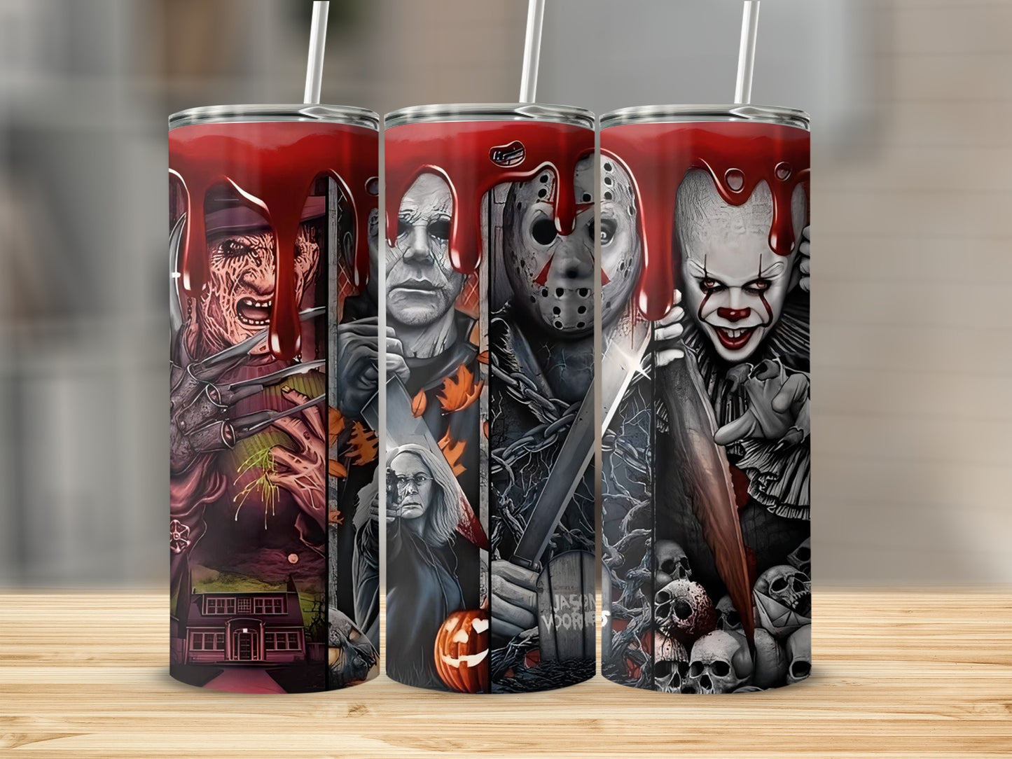Tumbler with Freddy Krueger, Michael Myers, Jason Voorhees, and Pennywise horror characters.