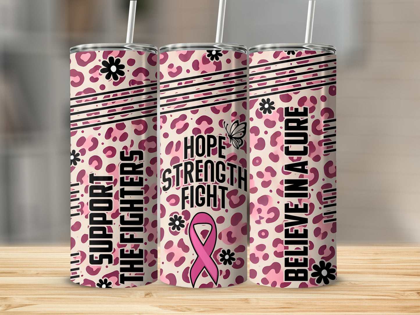 Pink leopard print tumbler with breast cancer awareness slogans and a butterfly.