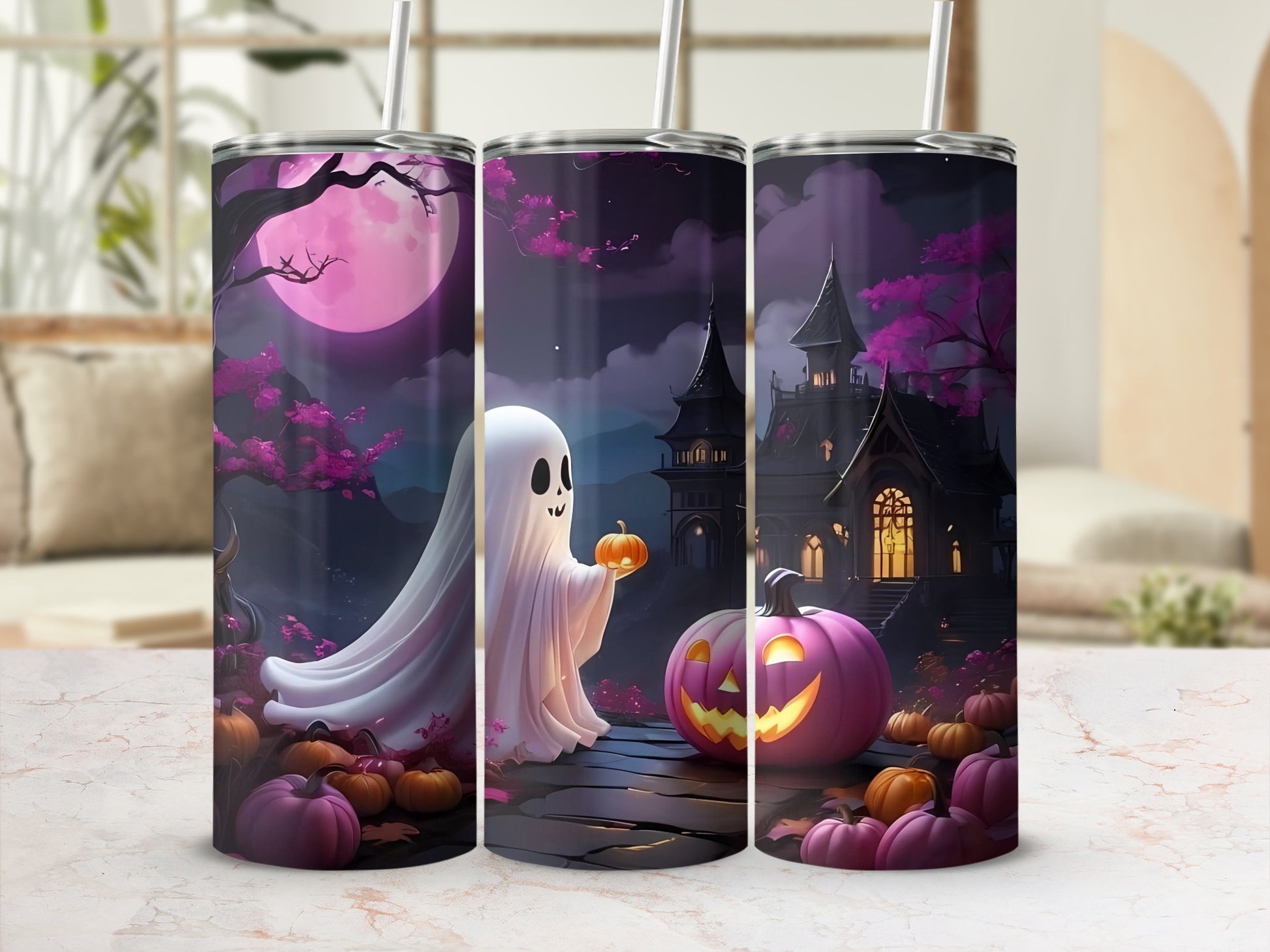 Halloween Ghost and Haunted House Tumbler for Festive Drinks