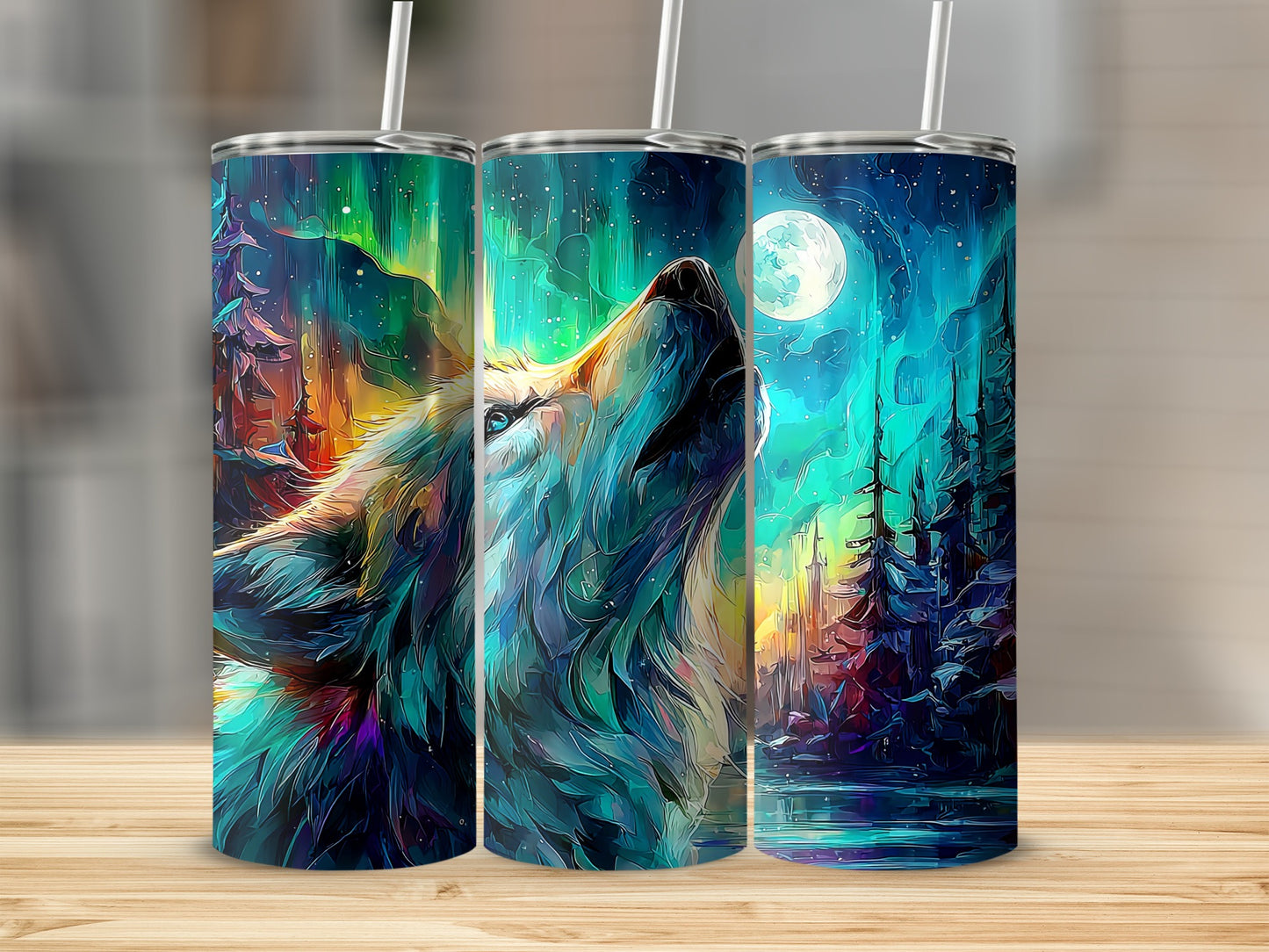 Colorful Wolf Howling under Full Moon Scene Tumbler