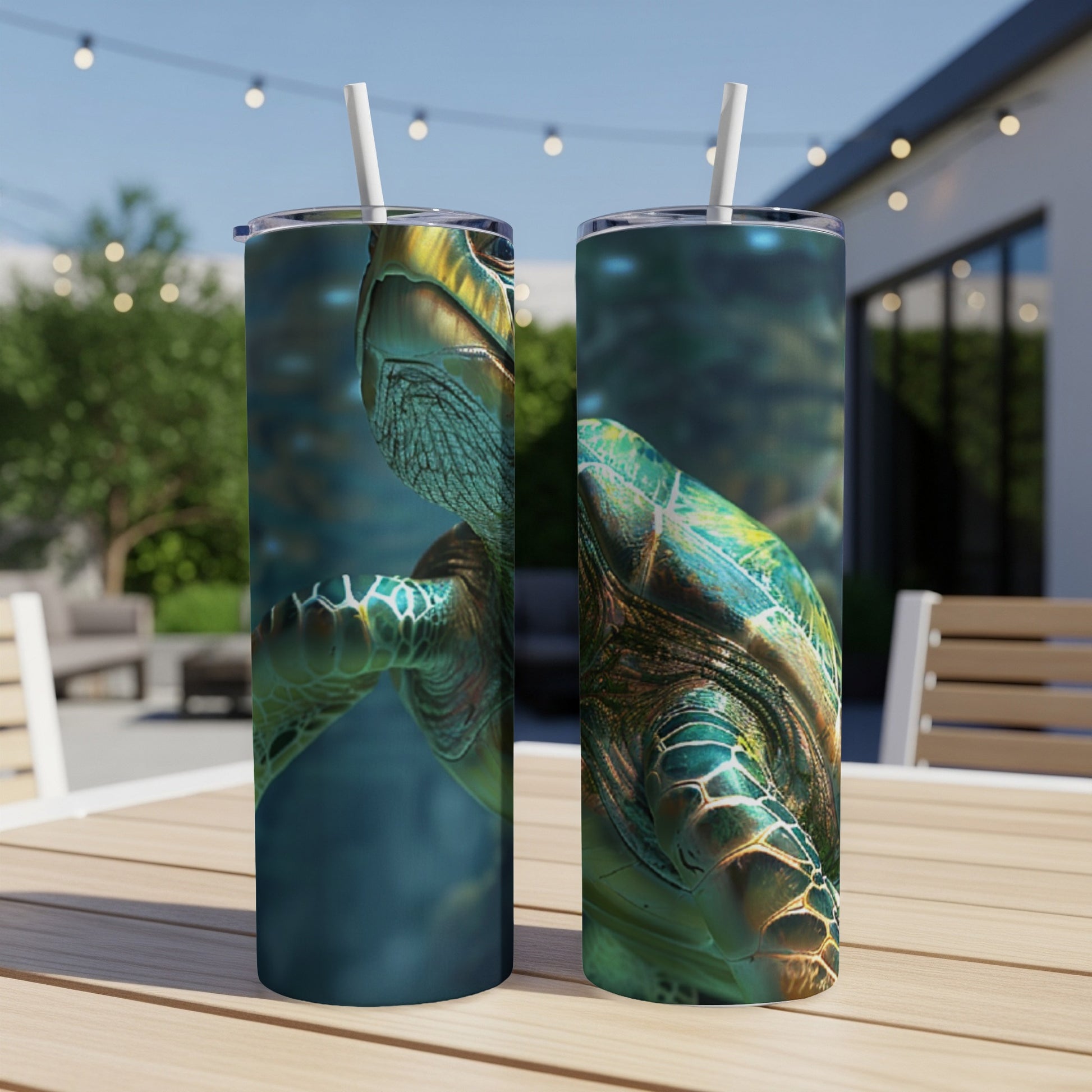 Two tumblers with a close-up sea turtle design, straws inserted.