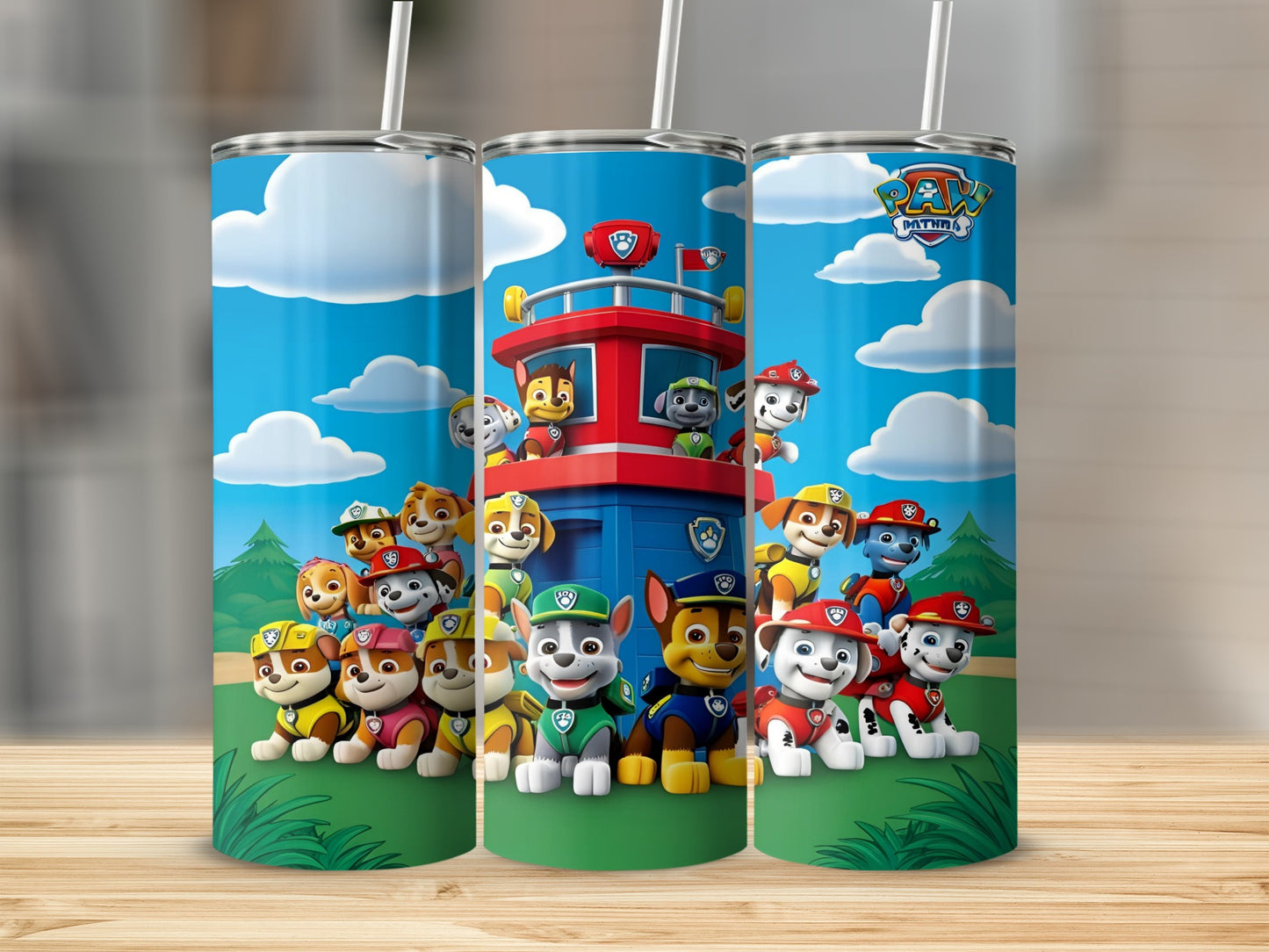 Paw Patrol characters in front of a lookout tower, with clouds and trees.