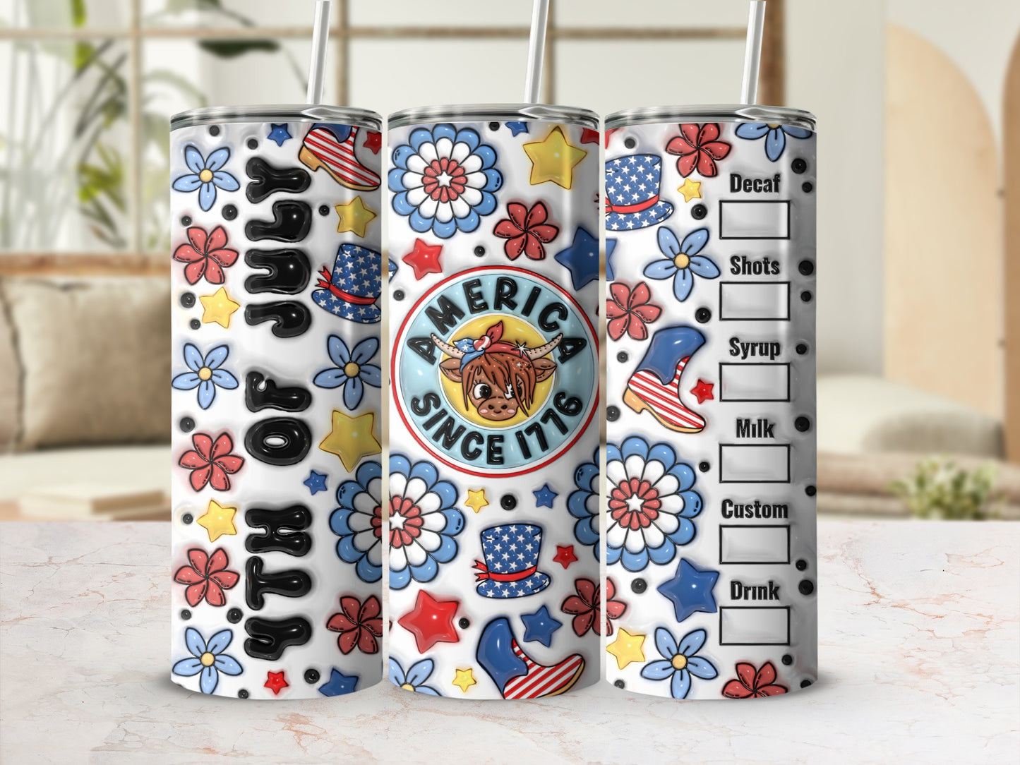 USA themed tumbler with patriotic stars, flowers, and a "Decaf" coffee menu.