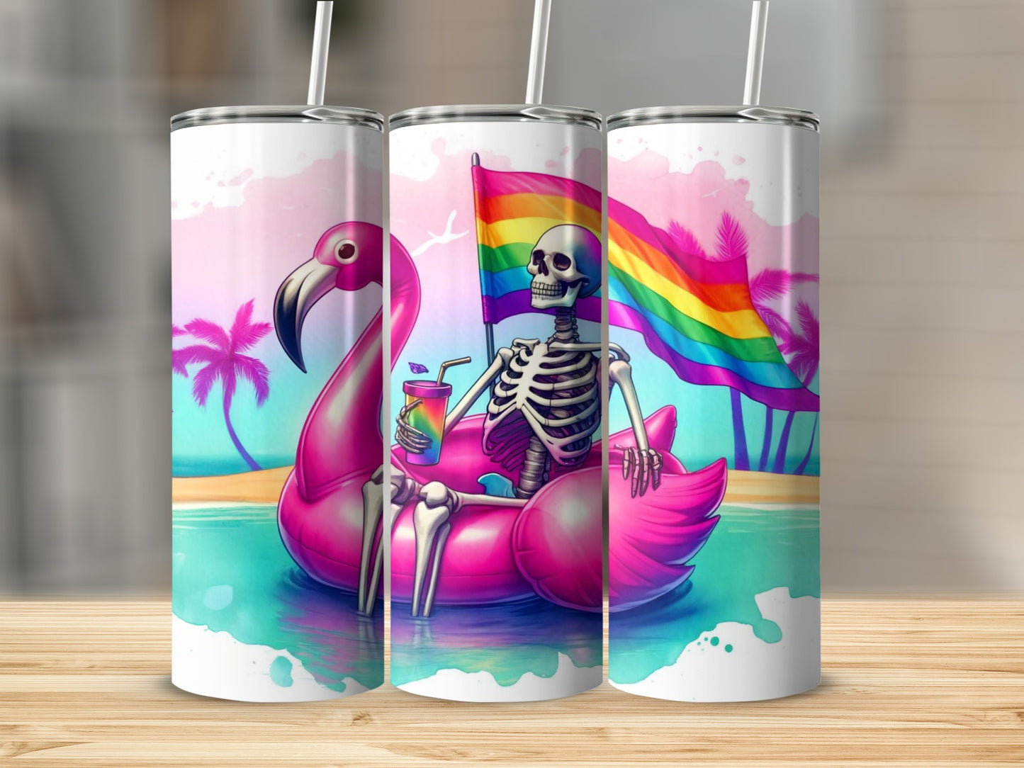 Skeleton on a flamingo float holding a drink with a rainbow flag.