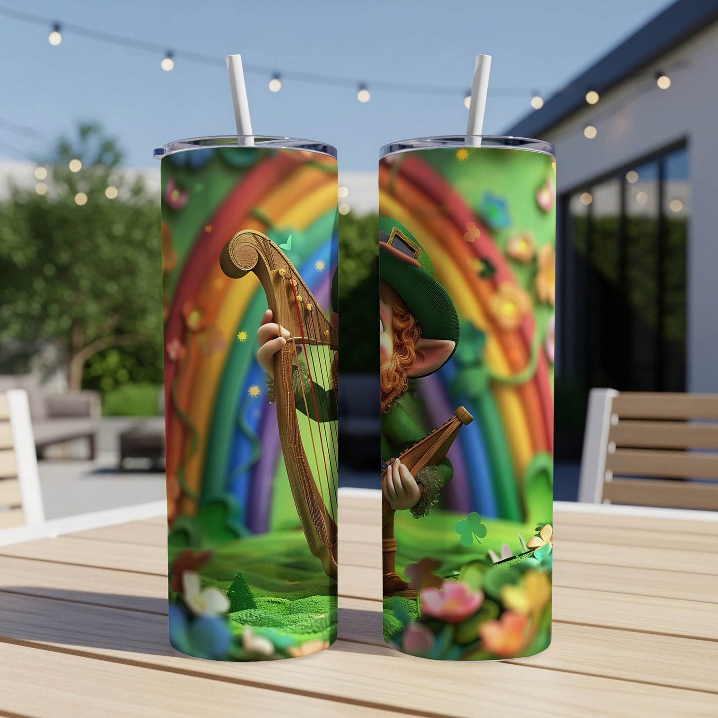 Leprechaun playing a harp with a rainbow and shamrocks.