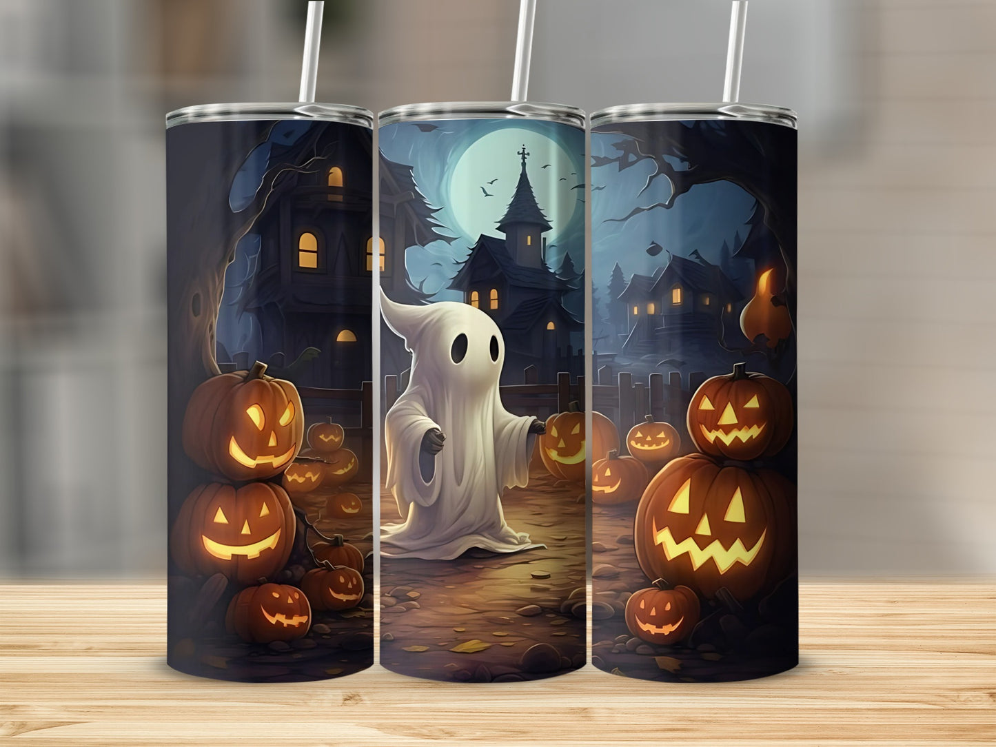 Spooky Halloween Ghost and Pumpkins Design Tumbler