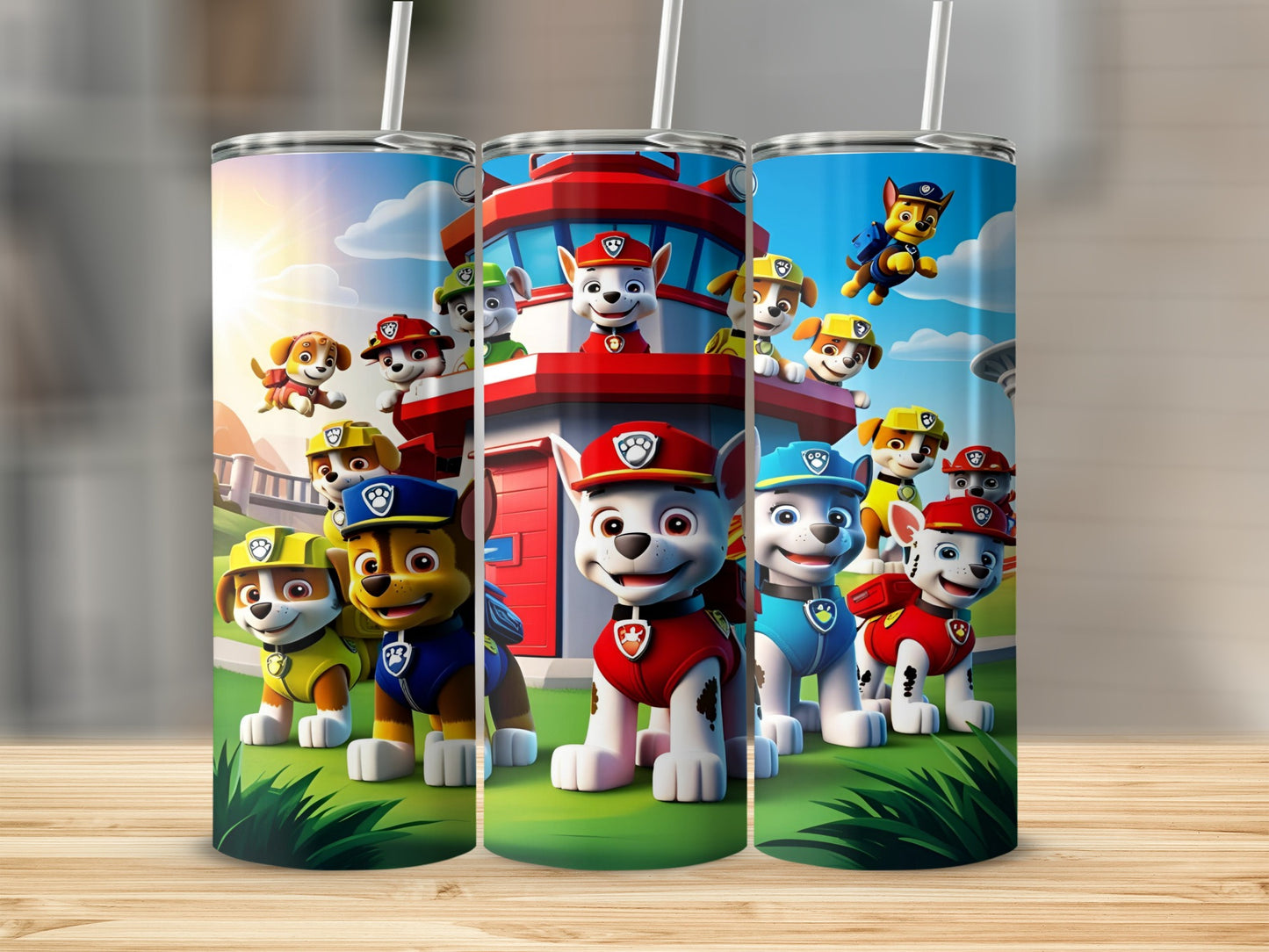 Paw Patrol characters Chase, Marshall, and Skye with Lookout Tower.