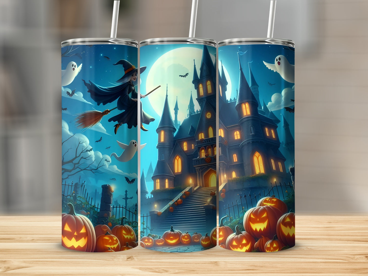 Halloween tumbler with witch, haunted castle, ghosts, and jack-o'-lanterns.