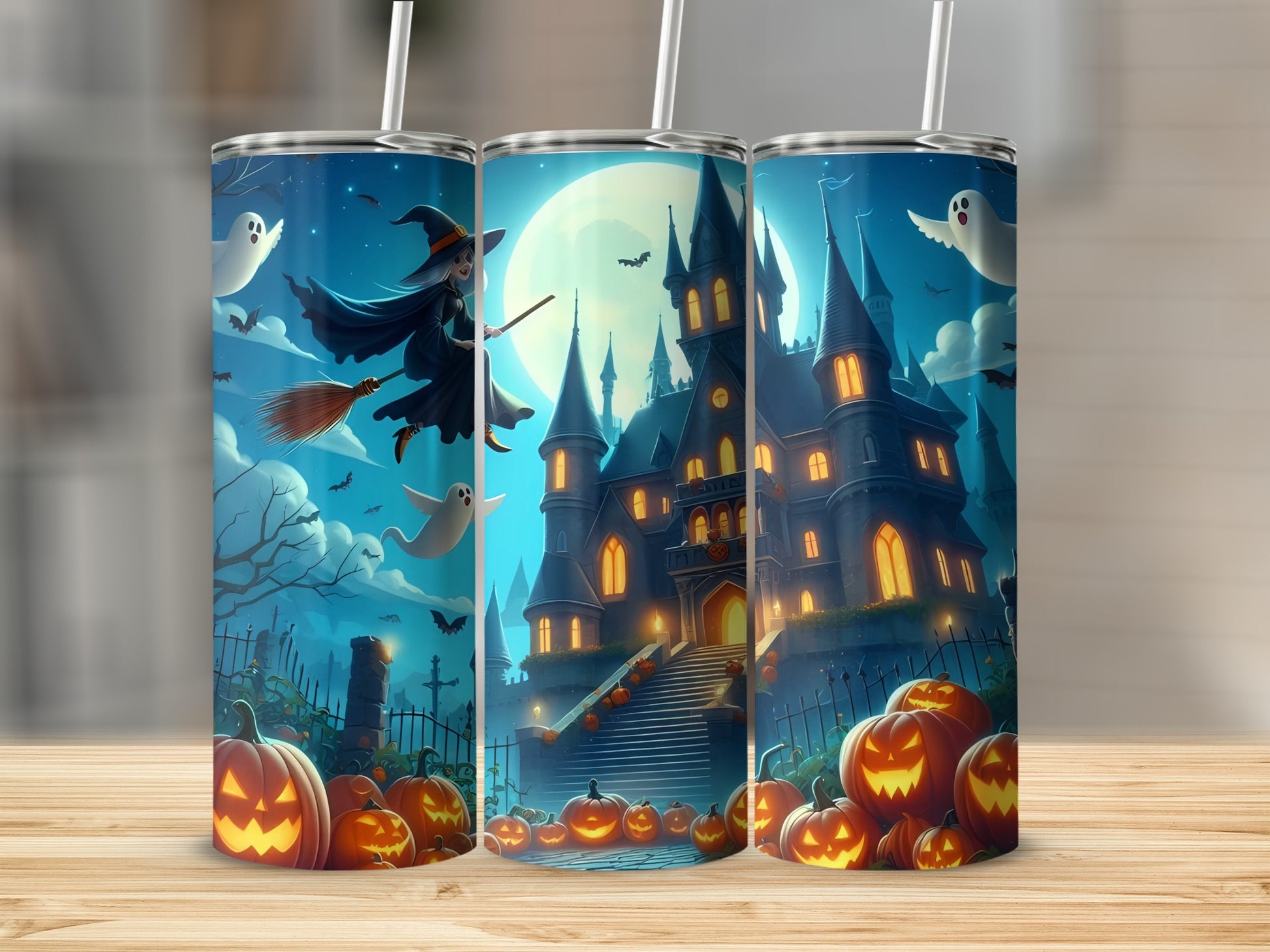 Halloween tumbler with witch, haunted castle, ghosts, and jack-o'-lanterns.