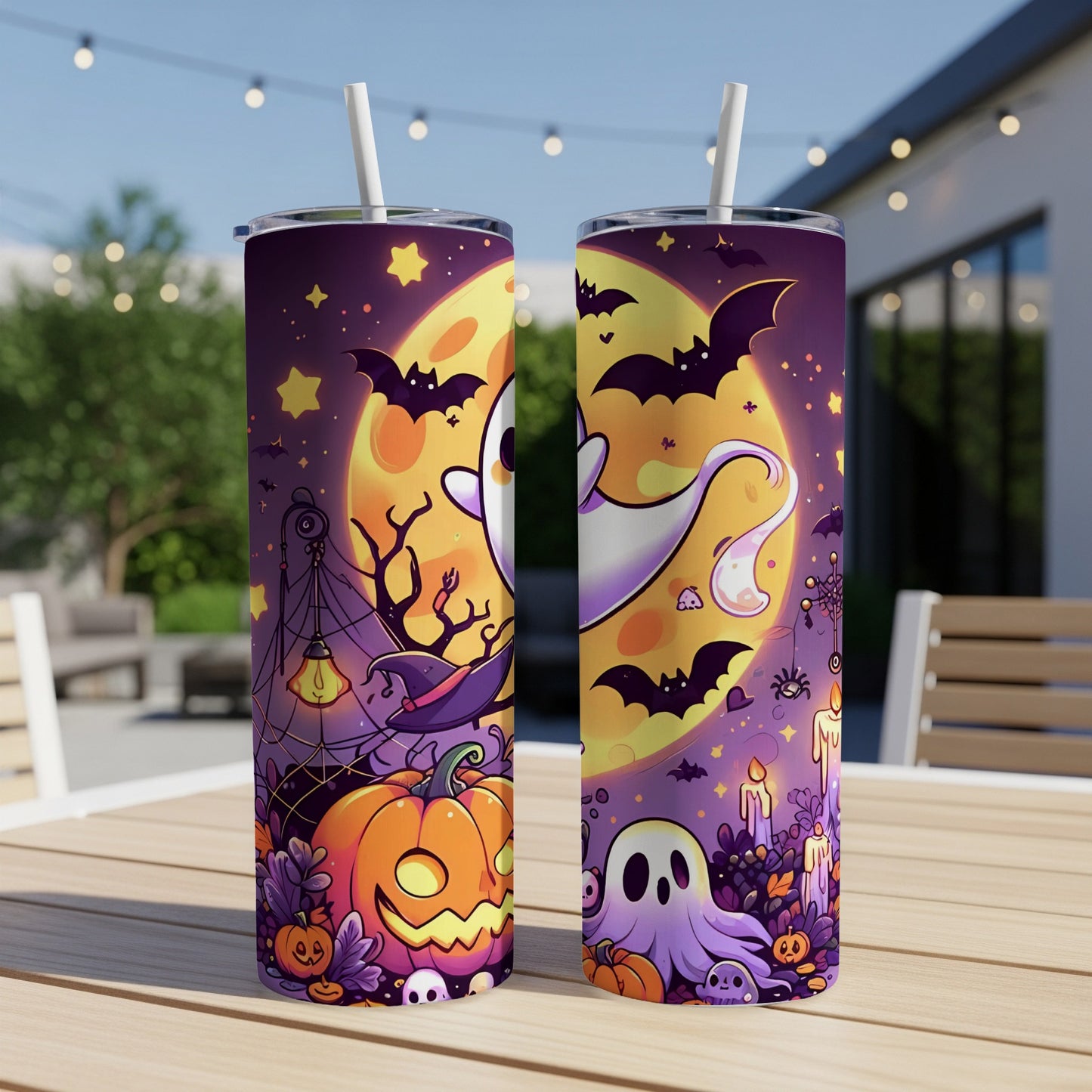 Two tumblers with Halloween theme, featuring ghosts, bats, pumpkins, and candles.