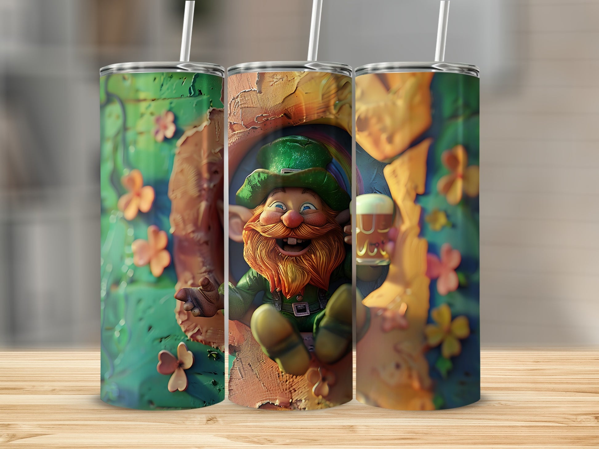 Three tumblers with St. Patrick's Day designs: leprechaun, shamrocks, and beer.