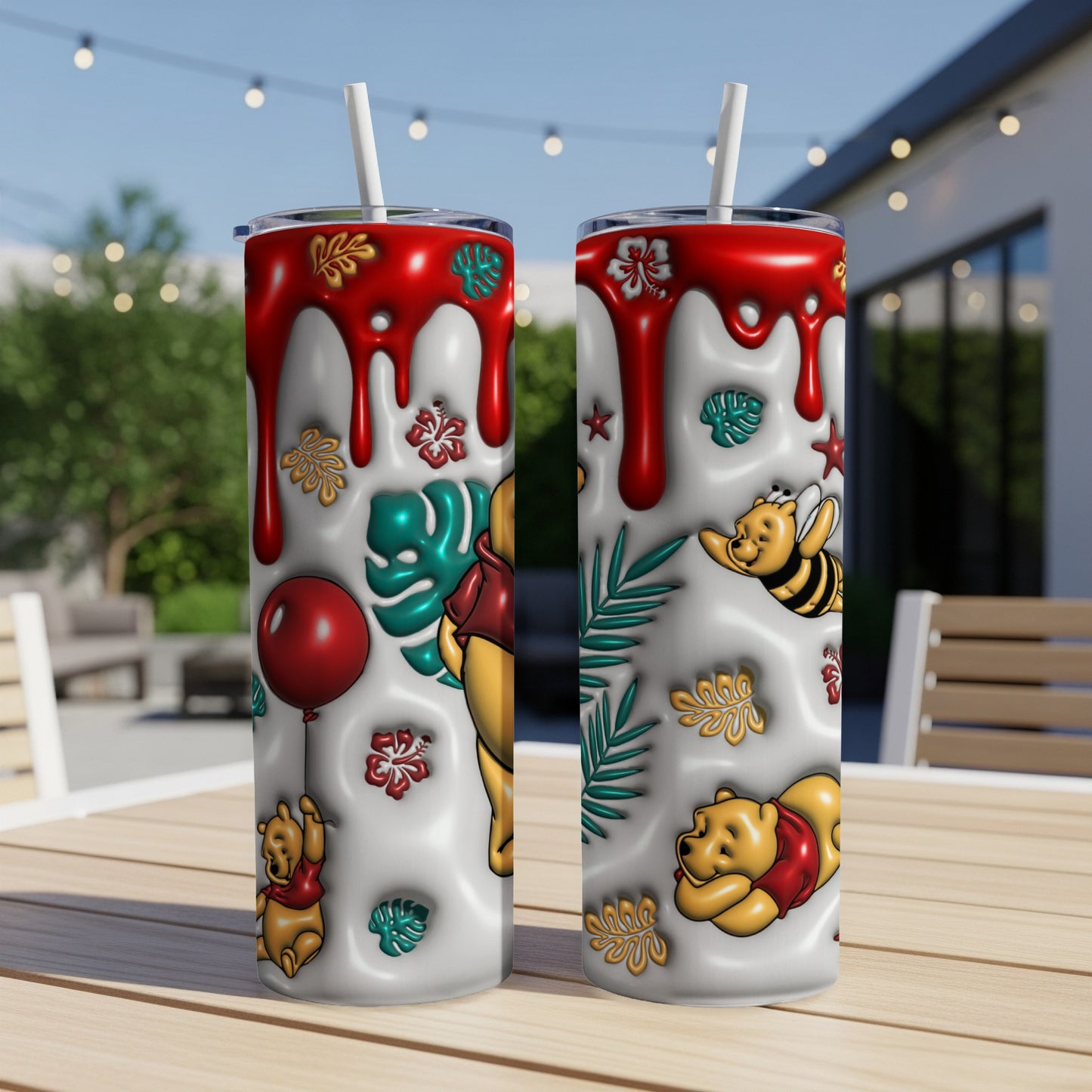 Winnie the Pooh and friends on a white tumbler with red dripping accents.
