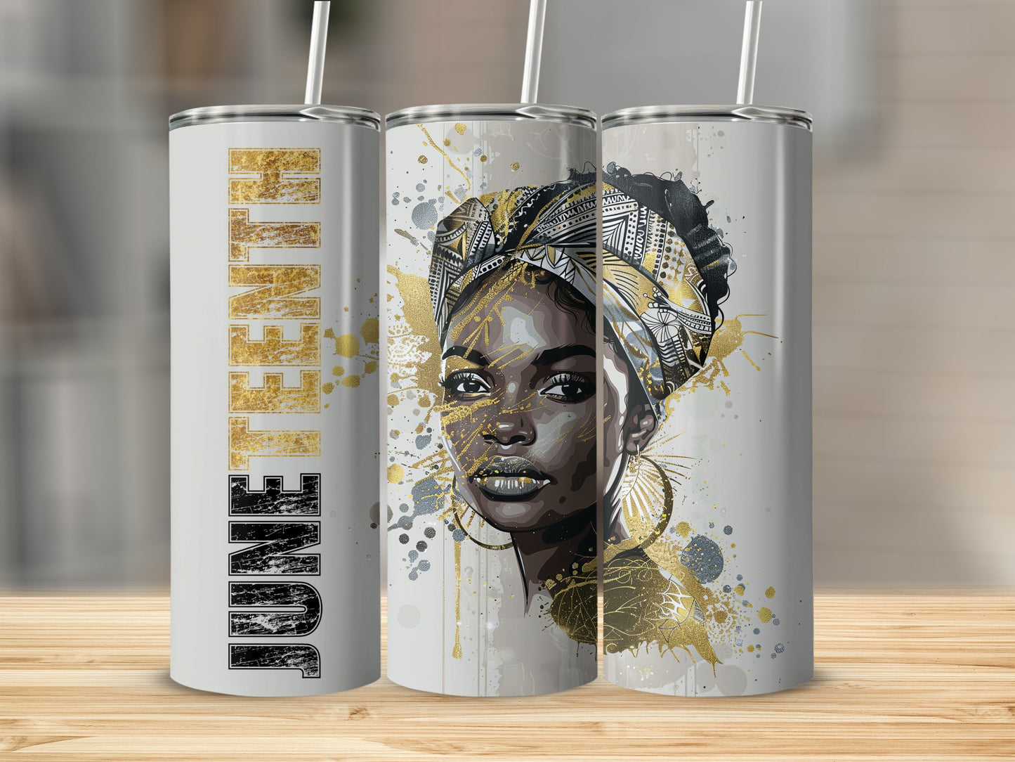 Three tumblers featuring a woman in a headwrap with "JUNE" text.